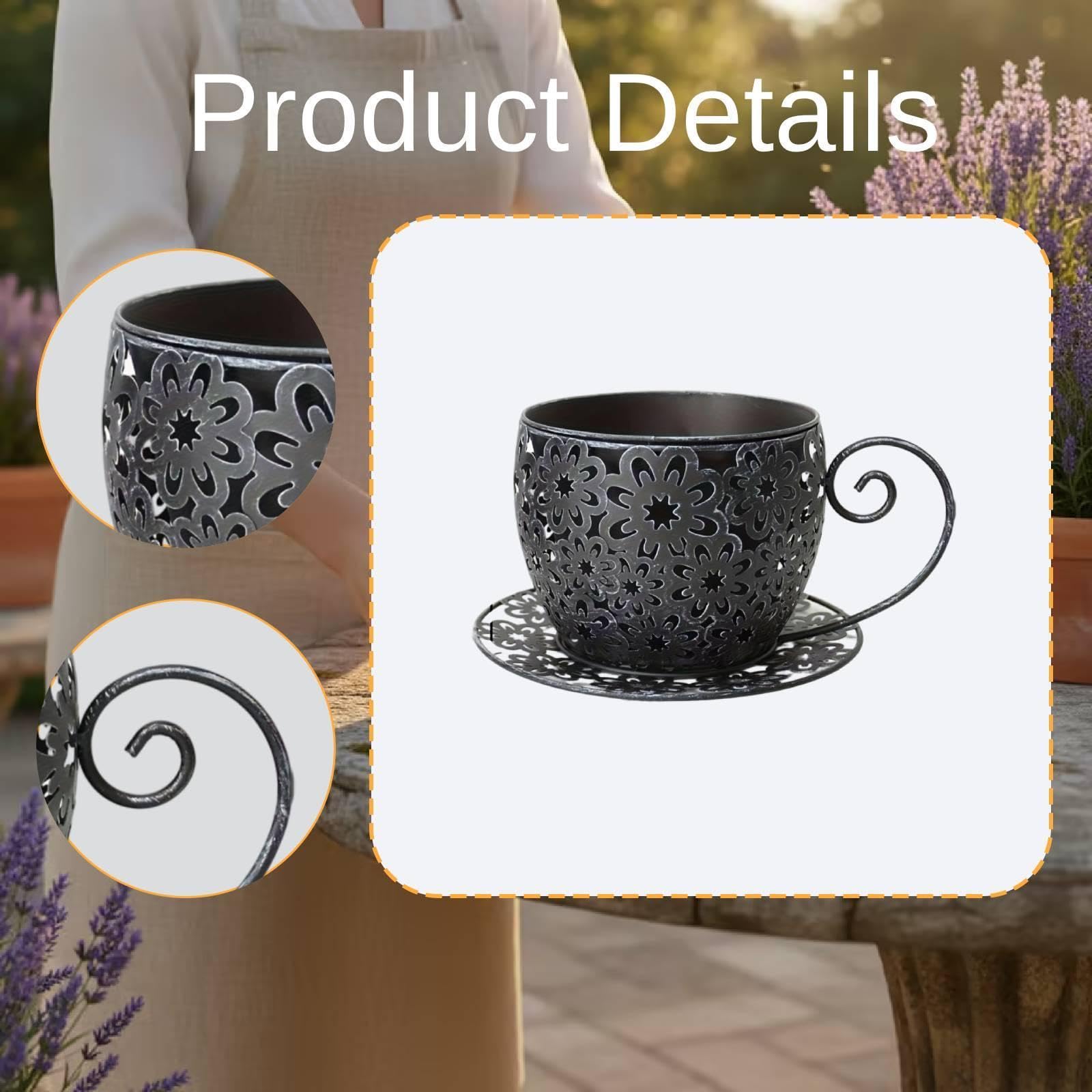 F Fityle Vaso da Fiori a Forma di Tazza da tè, Vaso Decorativo Antico in Metallo Cavo per Piante, Ideale per L'Estate, Balcone, Stile Rustico, Patio e, Nero