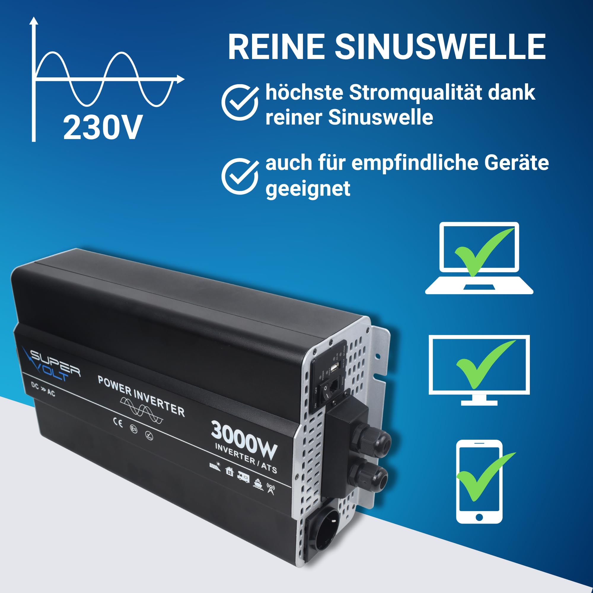 Falownik 12 V na 230 V, 3000 W, czysty sinus z przełącznikiem priorytetowym i ochroną FI, do wrażliwych urządzeń, z pilotem zdalnego sterowania, USB i puszkami Schuko, idealny do kamperów
