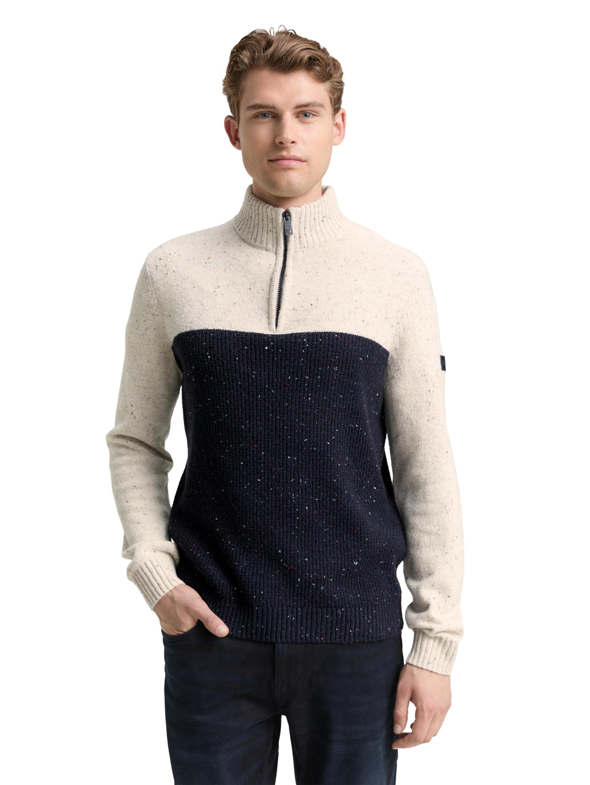TOM TAILOR Herren Troyer Strickpullover mit Strukturmix