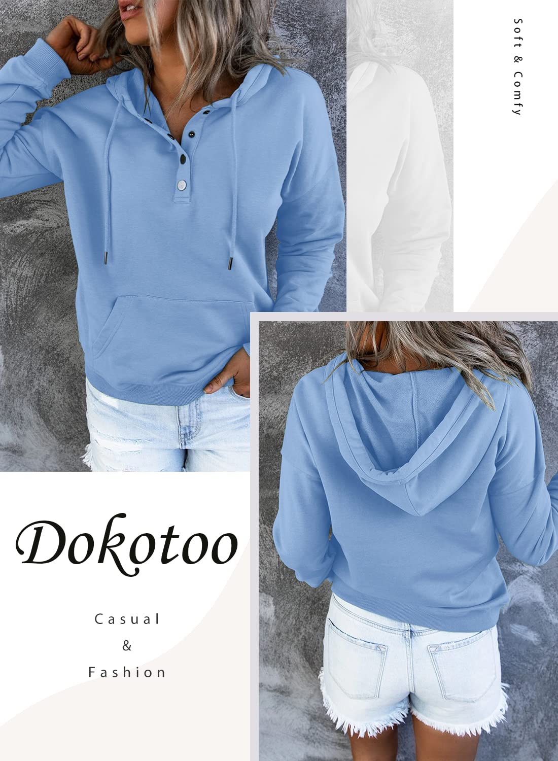 Dokotoo Sweat à Capuche Femme Col en V à Manches Longues Sweatshirt Casual Automne Hiver Hoodie Pull