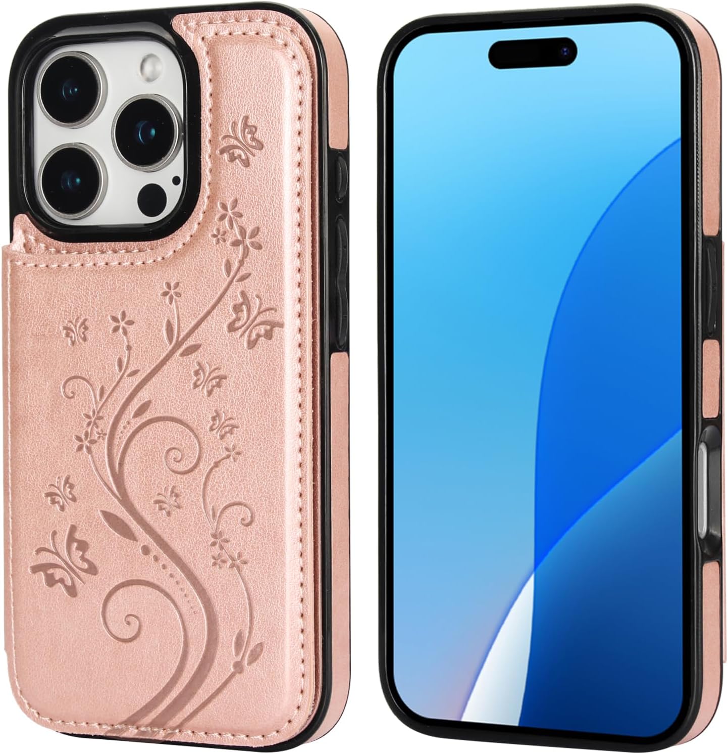 Vaburs Compatible with iPhone 16 Pro Case Wallet with Card Holder,Embossed Butterfly Pattern PU Leather Double Buttons Flip Protective Shockproof Cover for Magnetic Car Mount 6.3 Inch (Rose Gold) - Image 3
