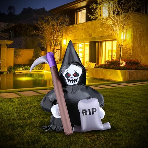 Miniatura 1 de Decoración inflable de Halloween de 4 pies, fantasma de guadaña al aire libre con luces LED, decoraciones de Halloween, terraza, jardín, césped,