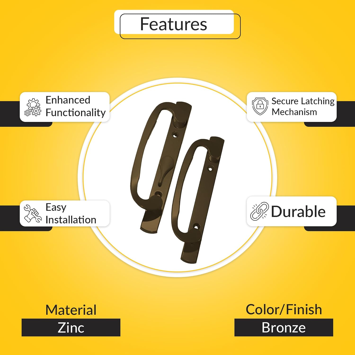 Brixwell Patio Door Handle with Adjustable Center Latch, 3-15/16" Center-to-Center, 8-1/2" Height, Without Key, Bronze Finish, Residential Exterior and Interior Use, Includes Mounting Hardware