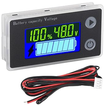 DROK 48v Golf Cart Battery Meter, 10-100v Digital Volt Meter Battery Capacity Tester Temperature Gauge, Black, 60cm Cable