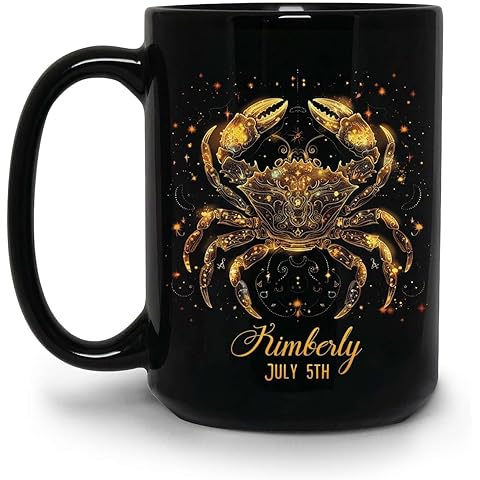 FABGIFT Novelty Cancer Zodiac Coffee Mug, Custom Name & Date Crab Astrology Cup, Personalized Horoscope Black Ceramic 15oz Mug, Customized Zodiac Decorative Cup