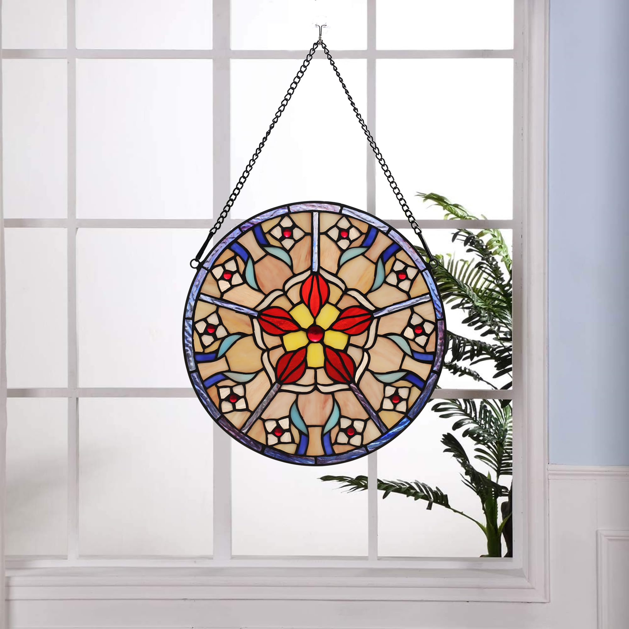 Buntglas-Fenster zum Aufhängen, Tiffany-Pflanzen-Stil, rosa Blume, Sonnenfänger, Wanddekoration, Kunst-Panel, 30,5 cm, inklusive 50,8 cm Kette und Haken, perfektes Weihnachtsgeschenk