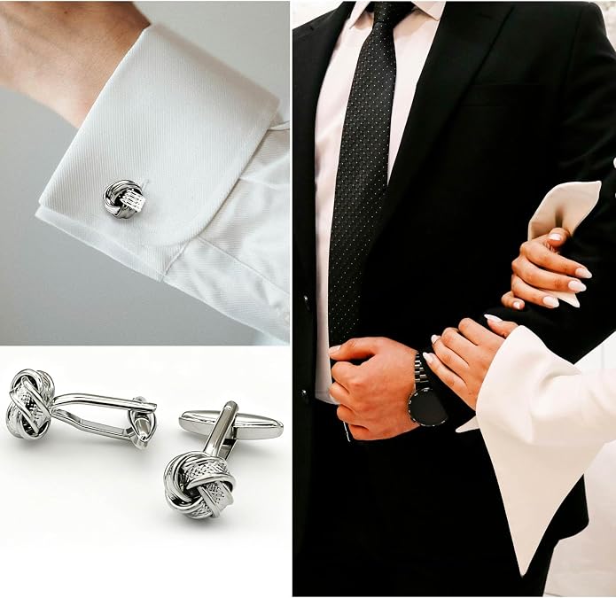 Twist knot Cufflinks Silver Floral Modern Cuff Links for Wedding & Formal Business 3 pack Cufflin for Men Set