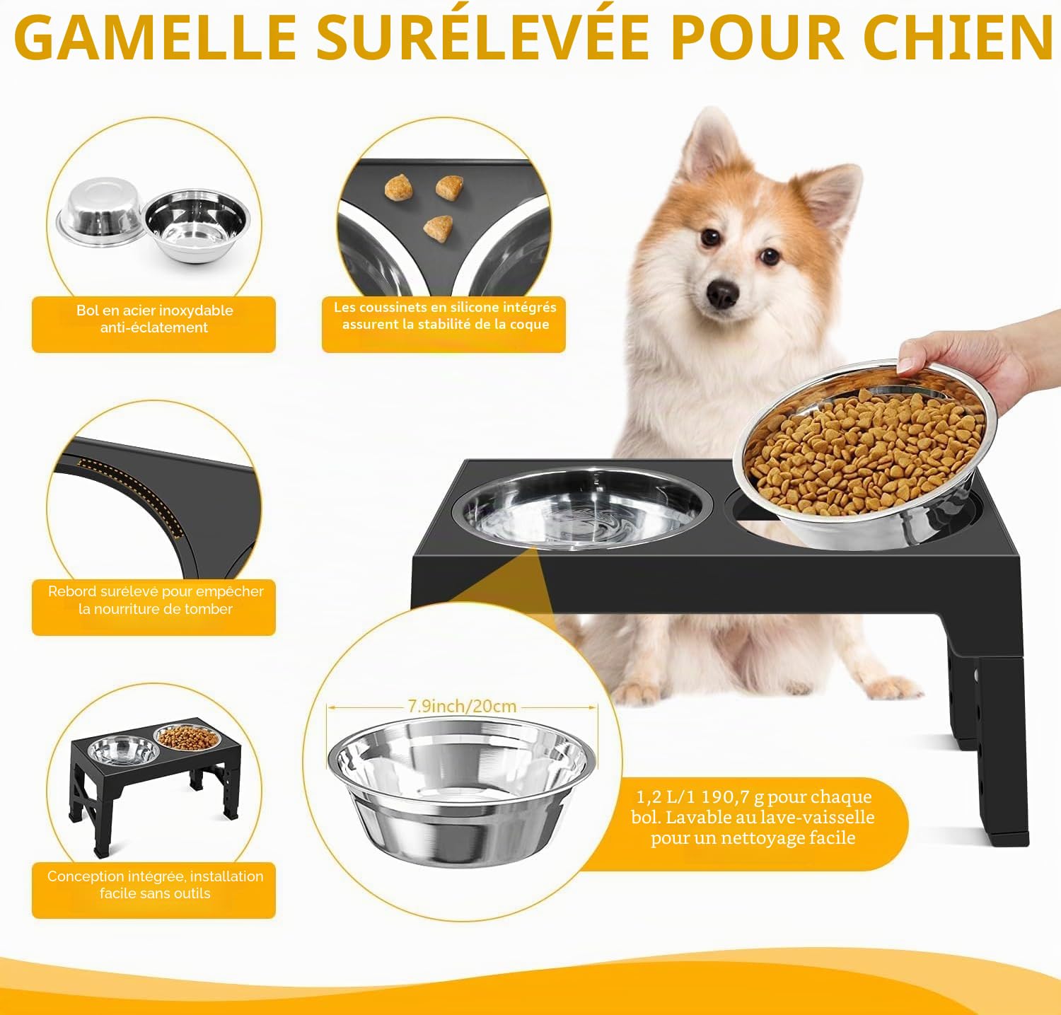 Romicta Gamelle surélevée pour Chiens de Grande Taille avec 2 gamelles en Acier Inoxydable de 1200 ML et 1 Gamelle Anti-Glouton - pour Chiens de Taille Moyenne et Grande - 5 hauteurs réglables