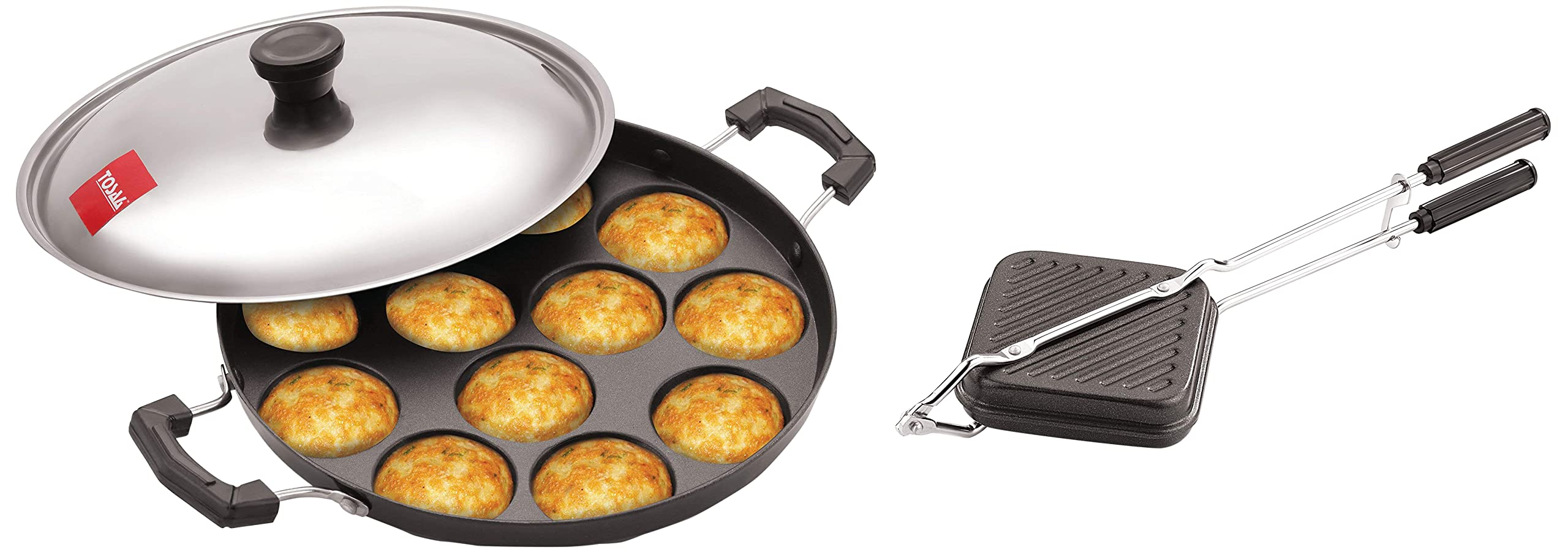 Tosaa Non-Stick Sandwich Toaster Gas Stove Grill Toast Double-Coated Durable Black & Tosaa Aluminium 12 Cavity Appam Patra Paniyarakkal Two Side Handle Steel Lid Wooden Picker 23cm Black