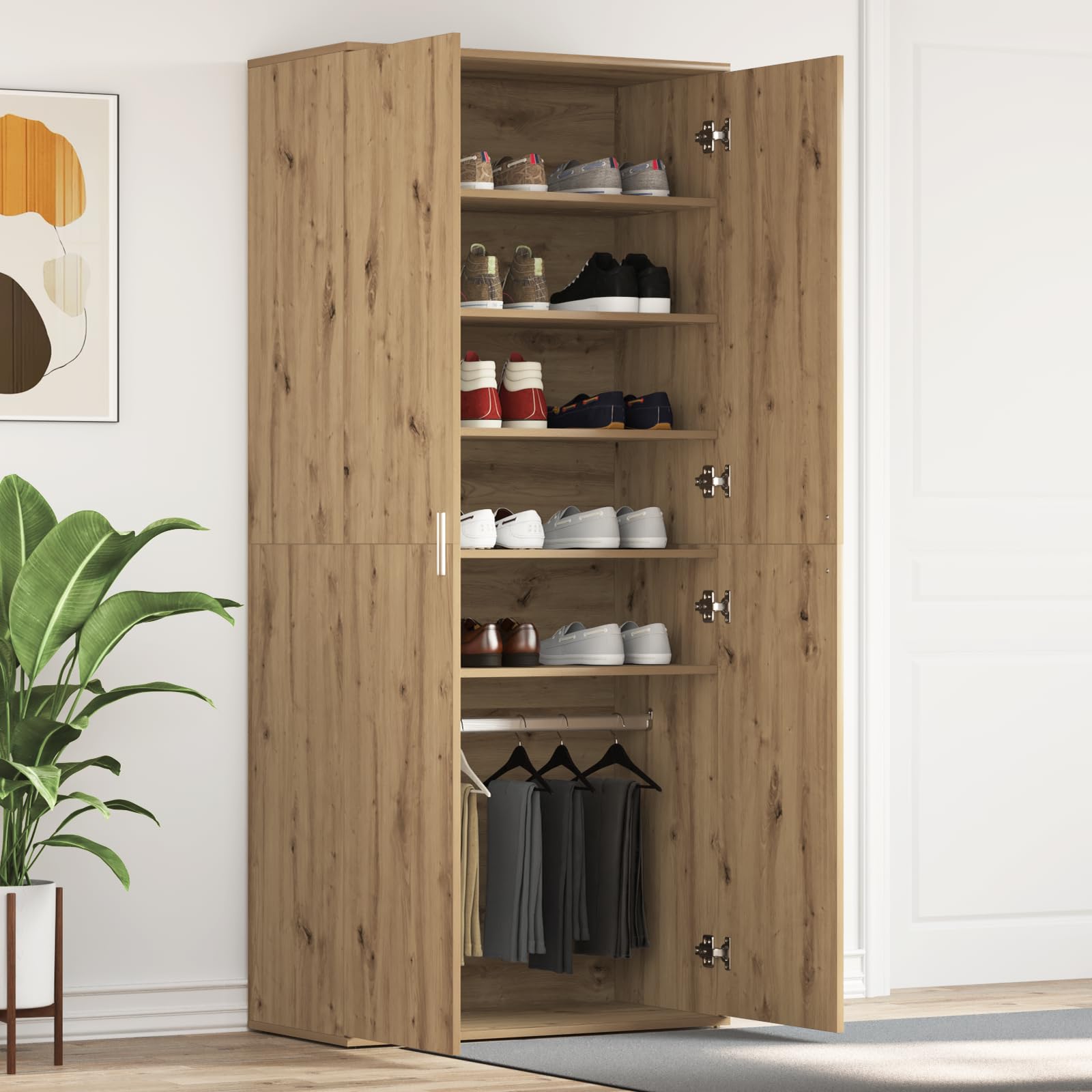 Szafa na buty Artisan dąb 80 x 39 x 180 cm, materiał drewnopochodny z 5 półkami i 2 drzwiczkami do przechowywania i wytrzymała konstrukcja