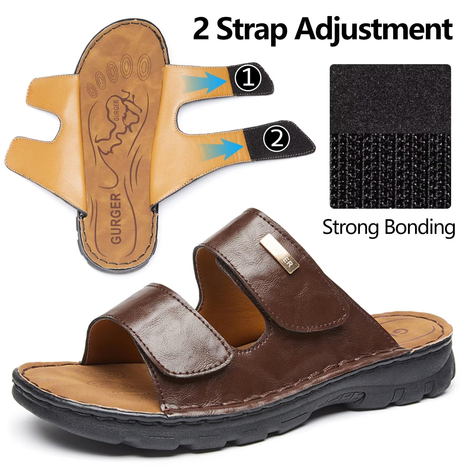 Sandales Homme en Cuir avec Double Scratch Réglable, Mules Ouvertes Respirantes Confortables Antidérapantes pour Été, Plage, Maison