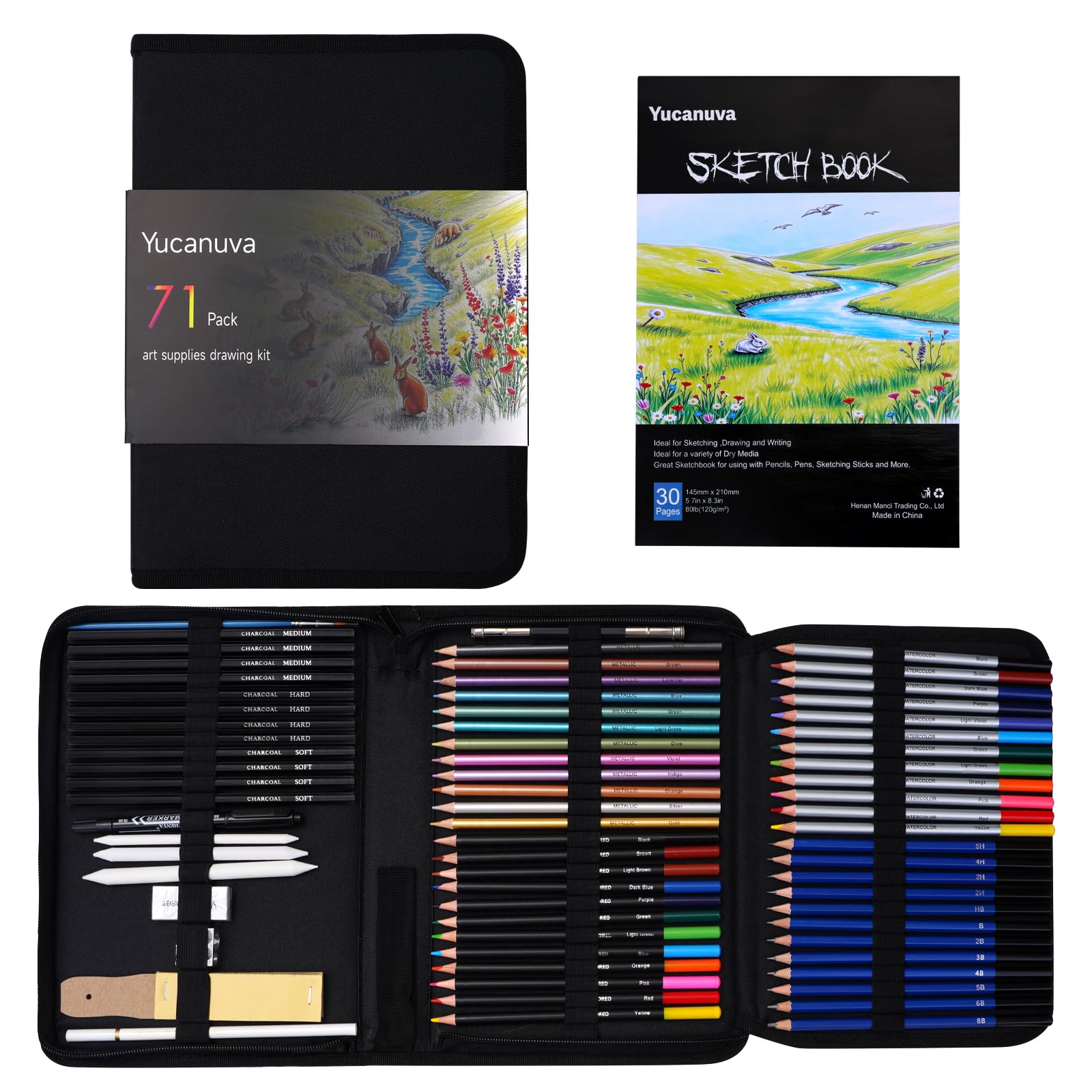 Yucanuva 71Pack Drawing Supplies Sketching Kit,Art Supplies for Adults Artists Beginners,Drawing Kit Sketching Pencils with Sketchbook, Colored