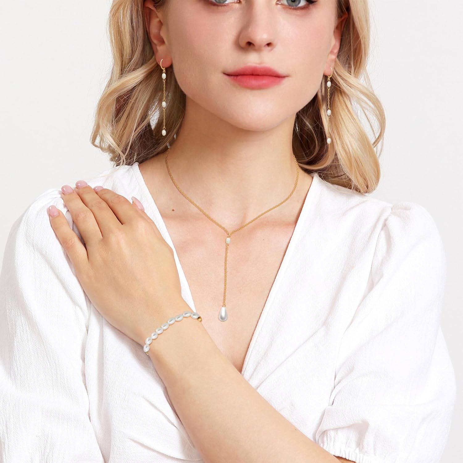 AILUOR Gold Jewelry Set for Women - 14K Gold Plated Pearl Necklace & Earring Set with Drop Earrings, Bracelets, Choker Necklace - Dainty Wedding Pearl Jewelry - Image 8