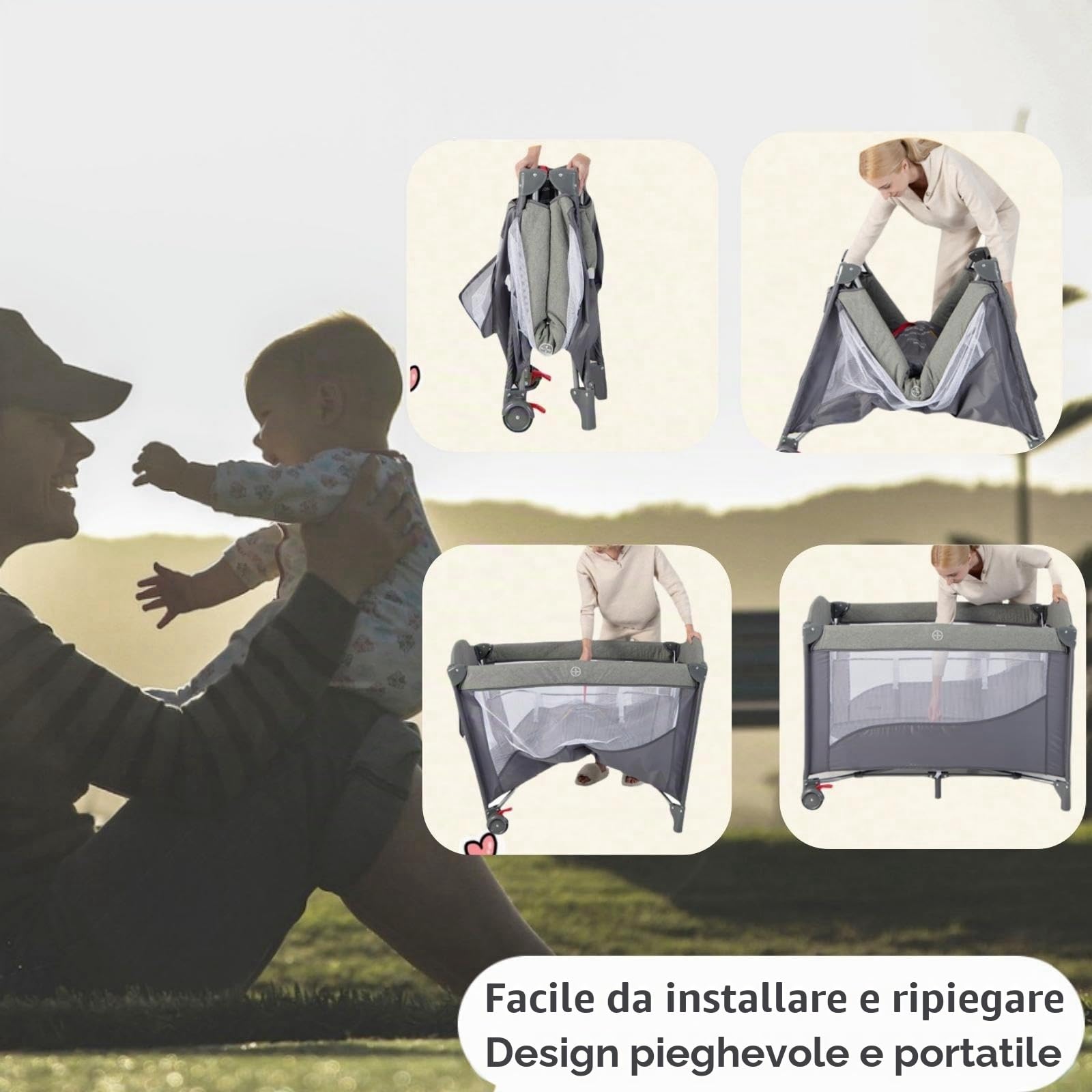 LIFEZEAL 5 in 1 Lettino Neonato Pieghevole 112x82x82cm, Culla Co-sleeping per Bimbo 0-3 Anni Traspirante con Materasso e Borsa per Trasporto, Lettino da Campeggio con Fasciatoio e Cintura