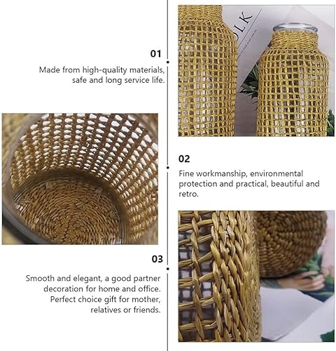 Miniatura 5 de DOITOOL Florero de cristal con cubierta de ratán, florero decorativo redondo tejido de hierba marina, florero de granja, recipiente floral para