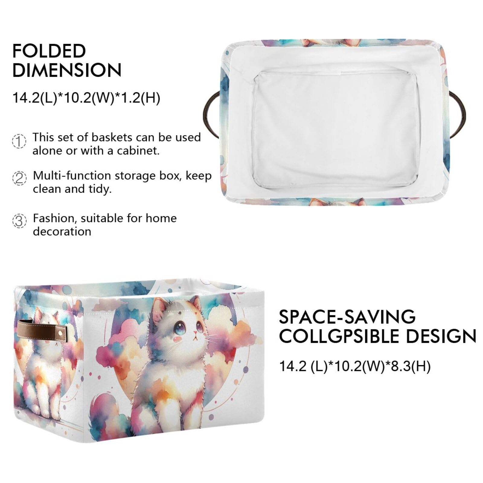PaChyLuu Rainbow Cat Storage Basket Bin Canvas Fabric Organizer Toys Basket with Handles for Home Office Nursery, Clothes, Gifts, 1 Pcs