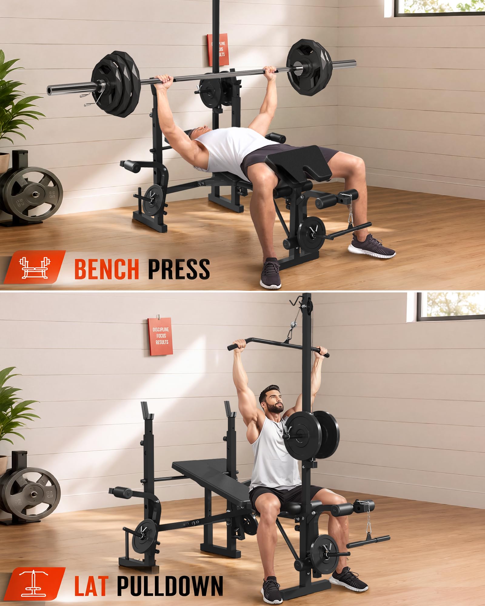 8 in 1 Adjustable Weight Bench Set, Lat Pulldown & Leg Extension Foldable Bench Press Set with Preacher Curl Pad, Chest Fly, Leg Curl, Rack, Full Body Home Gym Strength Training Equipment