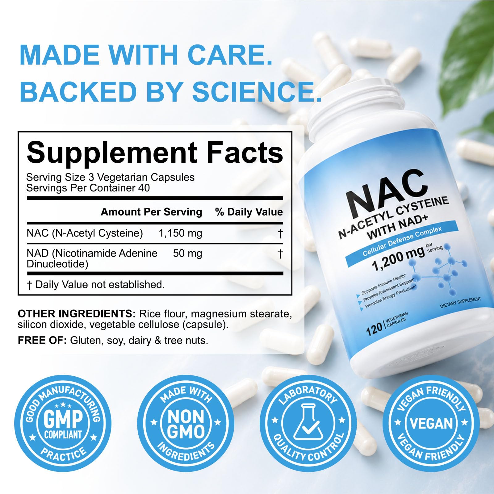 NAC Supplement 1200mg with NAD Coenzyme, N-Acetyl L-Cysteine 1150mg per Serving, Antioxidant & Cellular Wellness Support, 120 Capsules — Amazon image 2