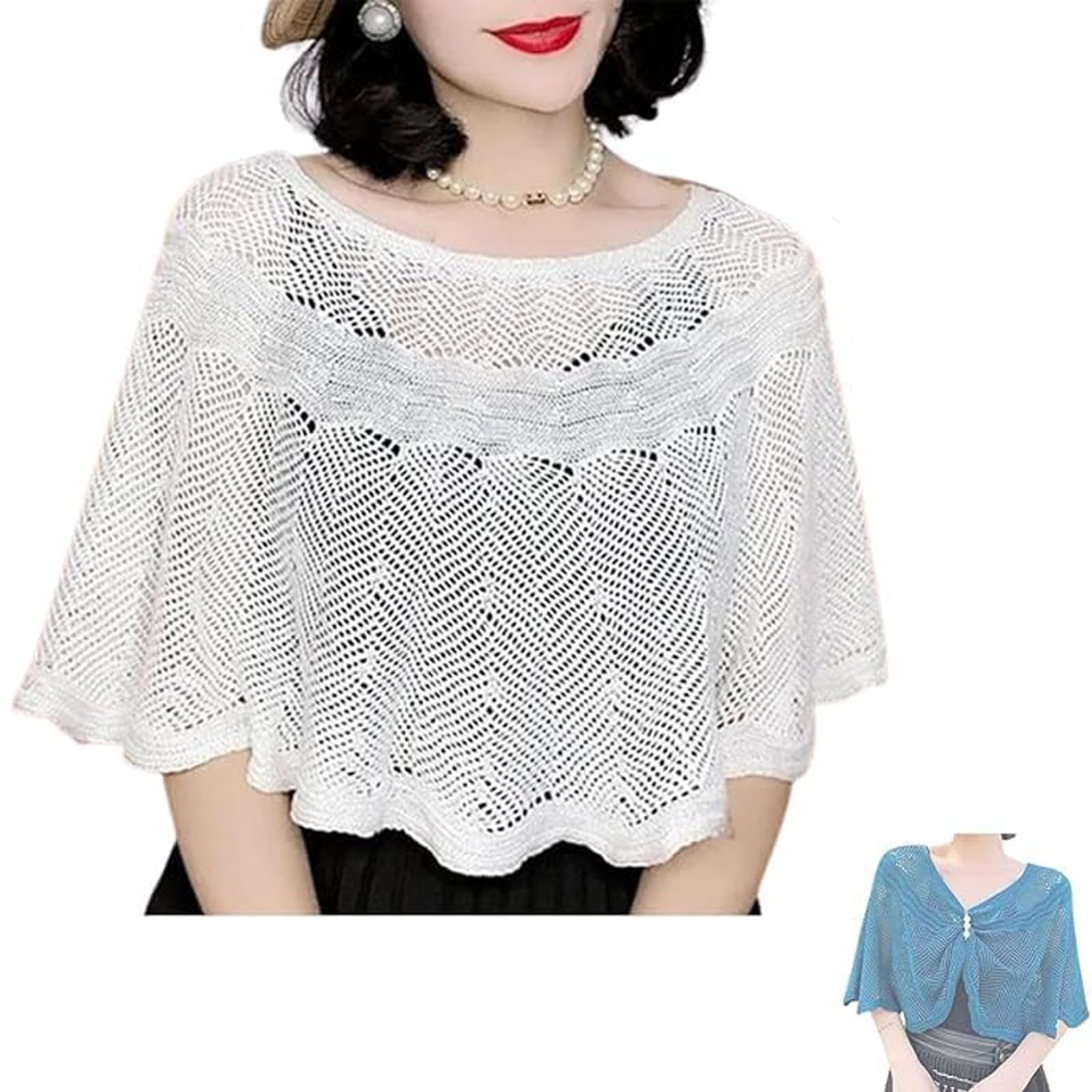 oyosonabymy Cape For Women, Shrug For Woman, Knitted Sun-Proof Ice Silk Shawl, Women's Shawl Knit Open, Hollow Knit Shawl Female Summer Wrap Women's Cape For Dress Decoration (White)-picture-13