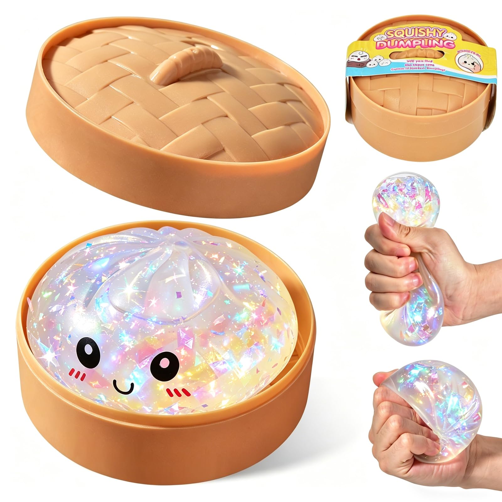 Dumpling Squishy mit Dampfgarer Box,mit Reinigungs- und Entlüftungshinweis Anti-Stress Handspielzeug als Geburtstagsgeschenk, 9 cm Transparent Regenbogen Glitzer Squishy Knödel