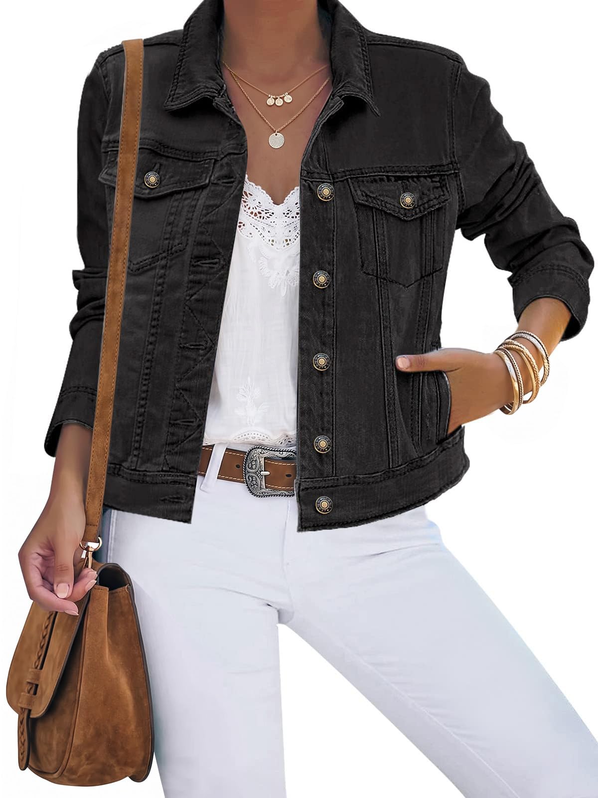 luvamia Women's Basic Button Down Stretch Fitted Long Sleeves Denim Jean Jacket