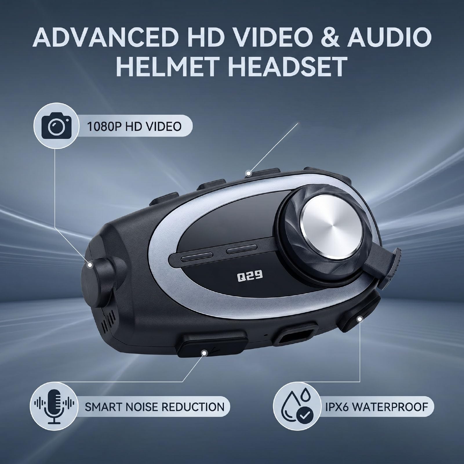 Auricolare per Casco Moto Bluetooth, Fotocamera 1080P con Cancellazione del Rumore IPX6 Impermeabile con Altoparlanti Microfono per Casco Moto