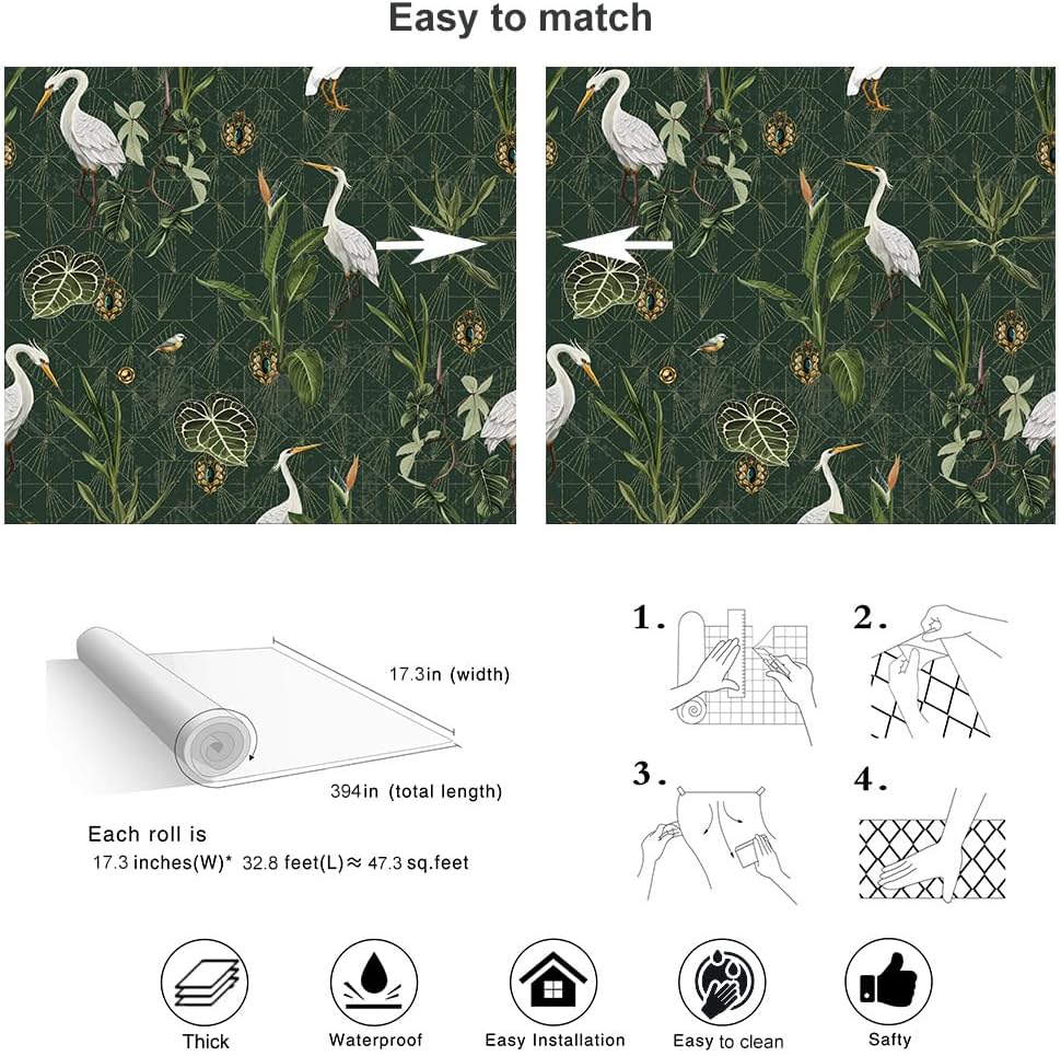 Egret Wallpaper Peel and Stick Vintage Bird Contact Paper Textured White Crane Plant Self Adhesive Wallpaper Boho Stick on Green Vinyl Roll Retro Removable Cabinet Drawer Decor 394 inch