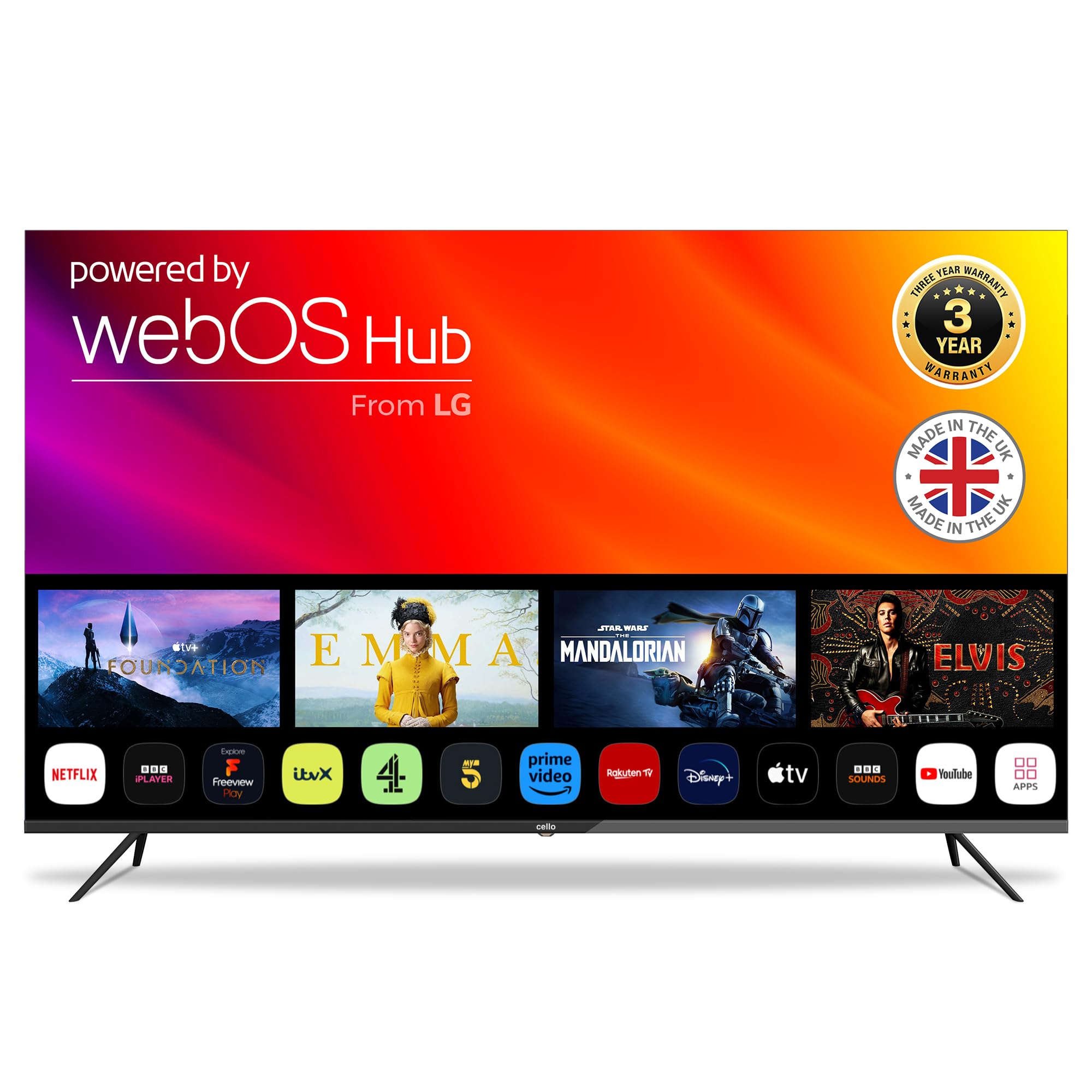 Cello 65″ 4K Ultra HD Frameless Smart Ultrafast WebOS TV, 3 Years Warranty, Freeview Play & FreeSat, Bluetooth, Netflix, Apple TV+, BBC iPlayer Frameless Bezel Made in the UK