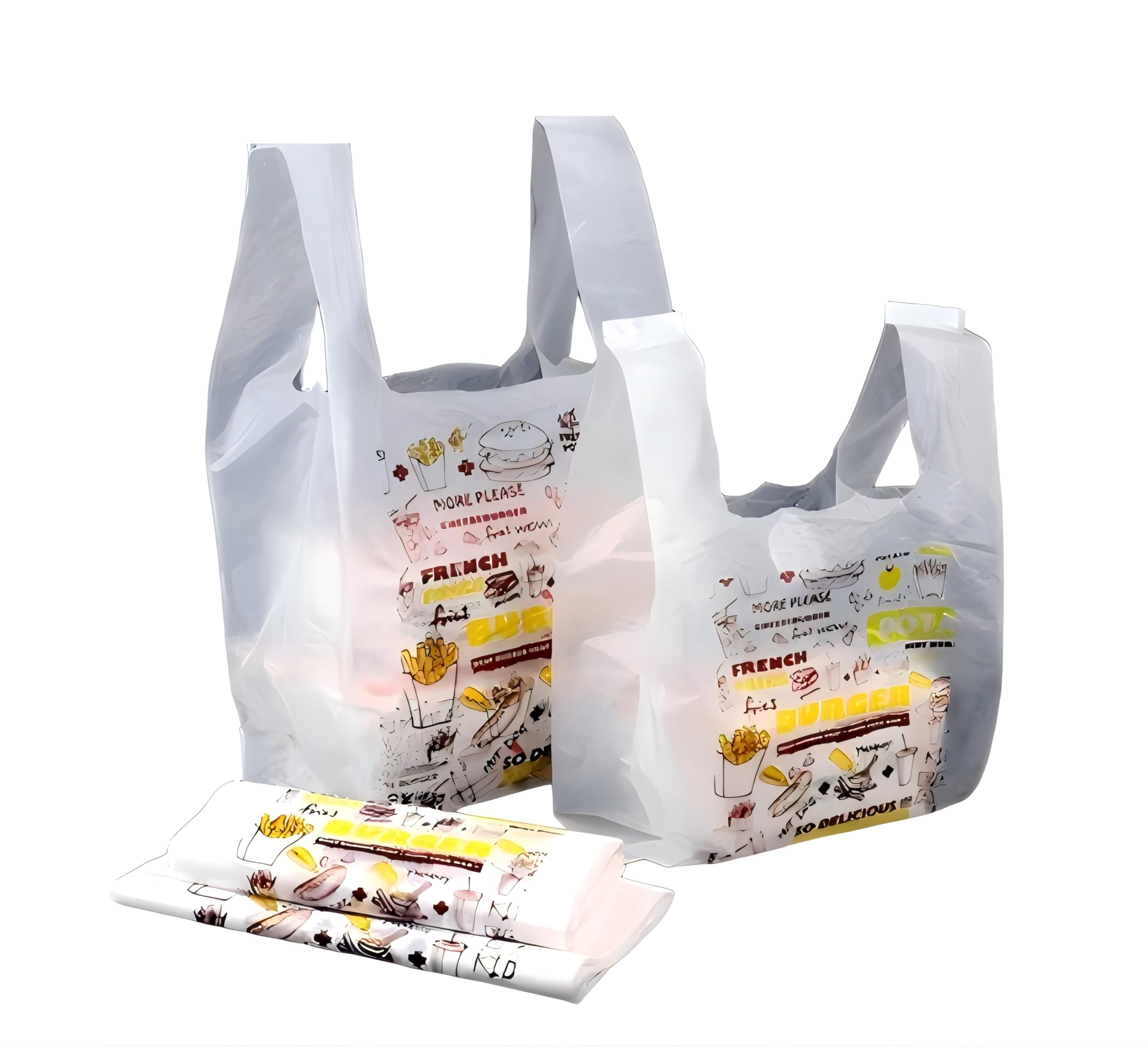 Pack of 100 Packaging Bags with Handle, Delivery Bags, Shopping Bag, Carry Bags, Large Plastic Bags, Carry Bags, Packing Bag for Food Packaging to Take Away (S)