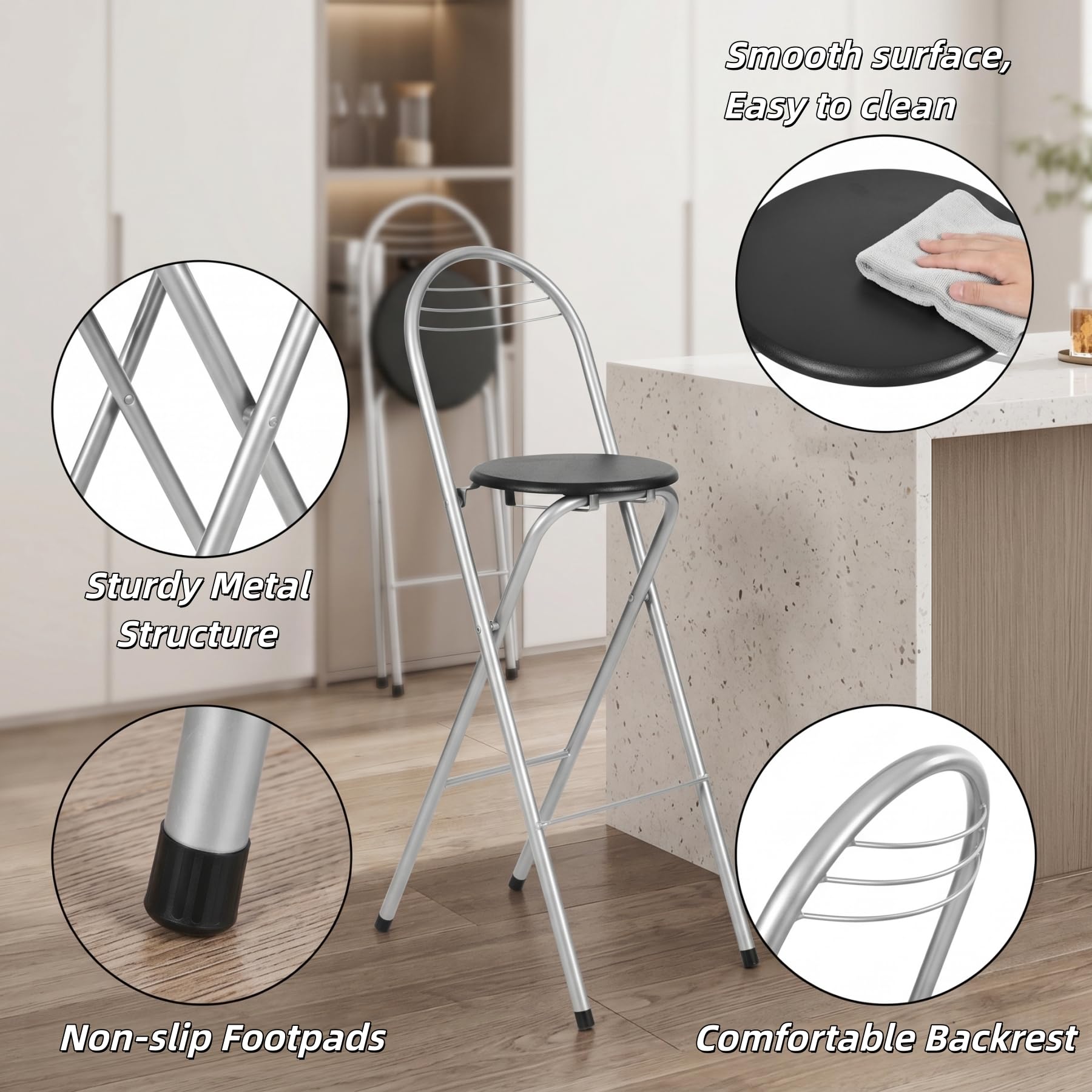 Lot de 4 Tabourets Bar Pliant avec Dossier, Hauteur d'assise 75 cm, Tabouret Haut Pliant Portable, Chaise de Bar Pliante, pour Cuisine Bistro Extérieure, sans Assemblage, Noir et Argent
