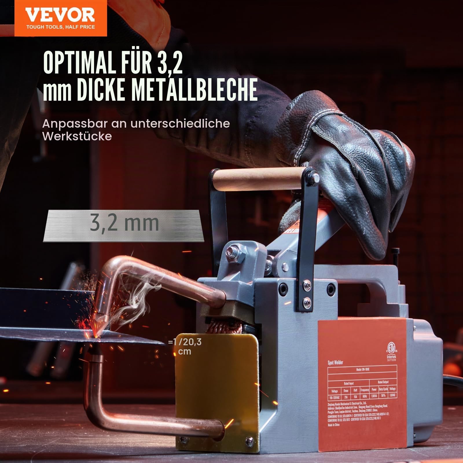 VEVOR Tragbares Punktschweißgerät, 1/8 Zoll dickes Punktschweißer mit 1,5 kVA Eingangskapazität, Schweißspitzenpistole, Metallblech-Punktschweißgerät für Kohlenstoffstahl, Edelstahl, Aluminiumblech