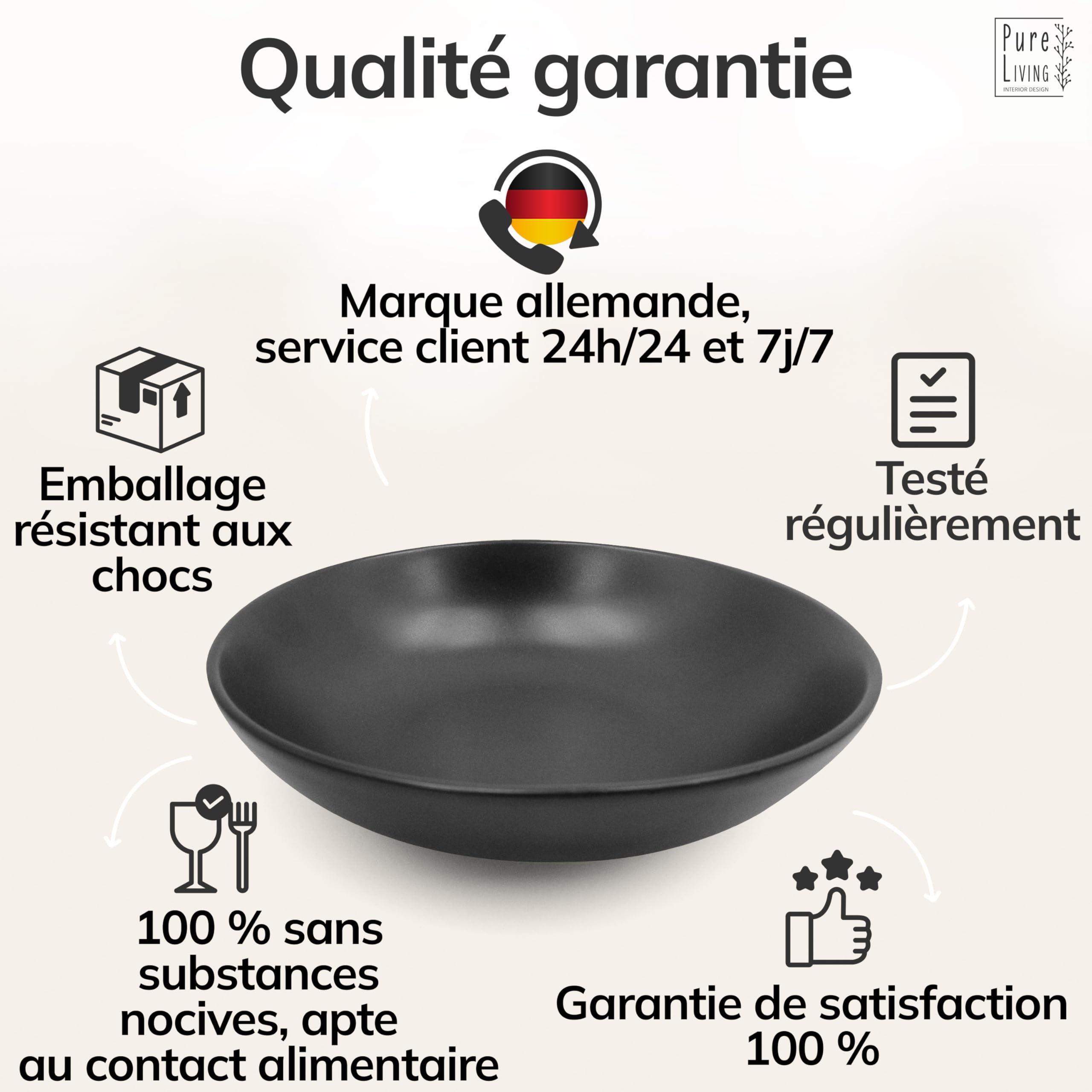Ensemble de Assiettes Creuses 6 pièces Manhattan Noir Mat - Faïence Premium, Lave-vaisselle, Micro-ondes - Assiettes Stylishes, Service Vaisselle - Collection Pure Living Urban Black Line