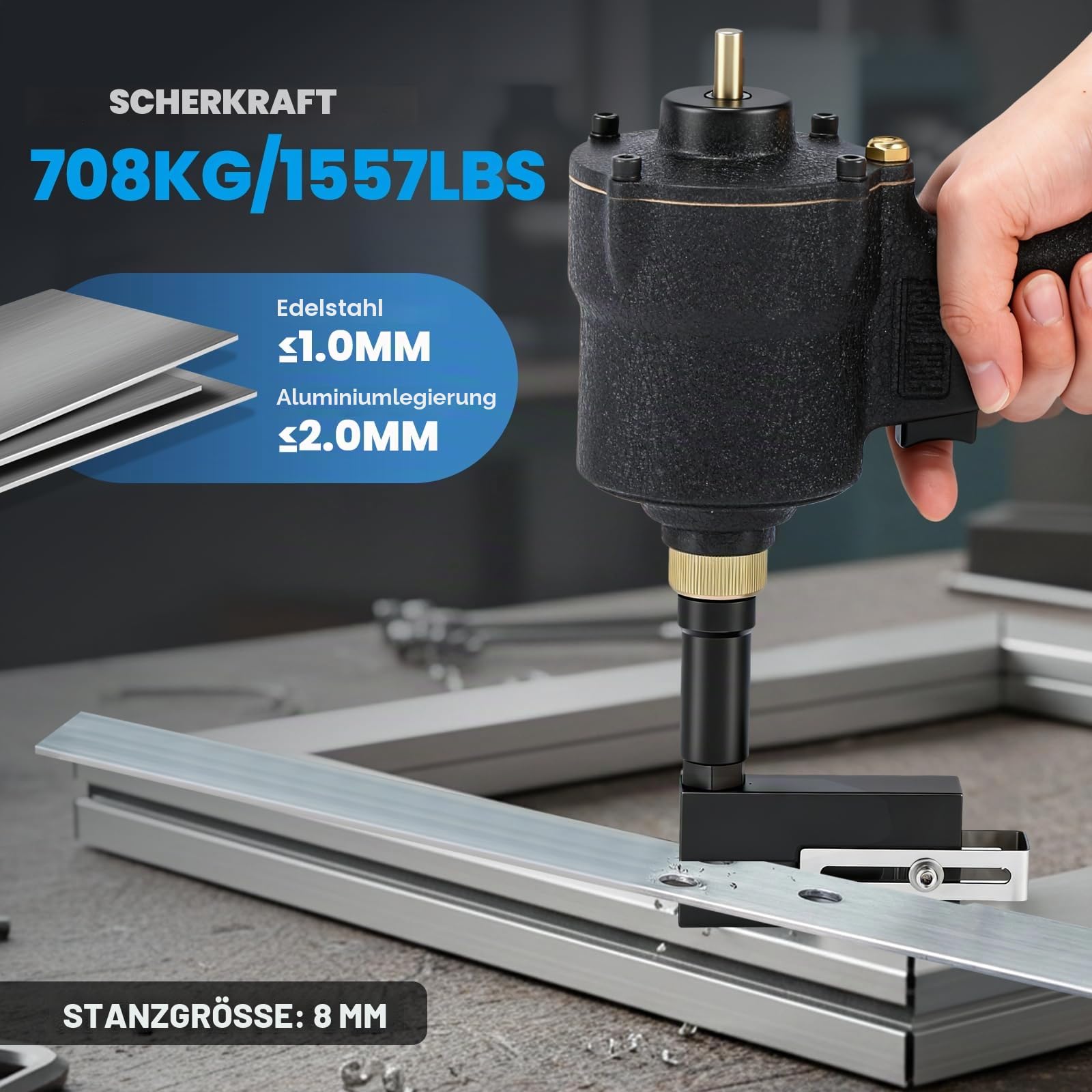 NEWTRY 8mm pneumatischer Lochstanzer für Metallblech Industrie Luftlocher | Heavy-duty, Robustes Gehäuse, kompakt und effizient, geeignet für max. 1 mm Edelstahlblech und 2 mm Aluminiumblech
