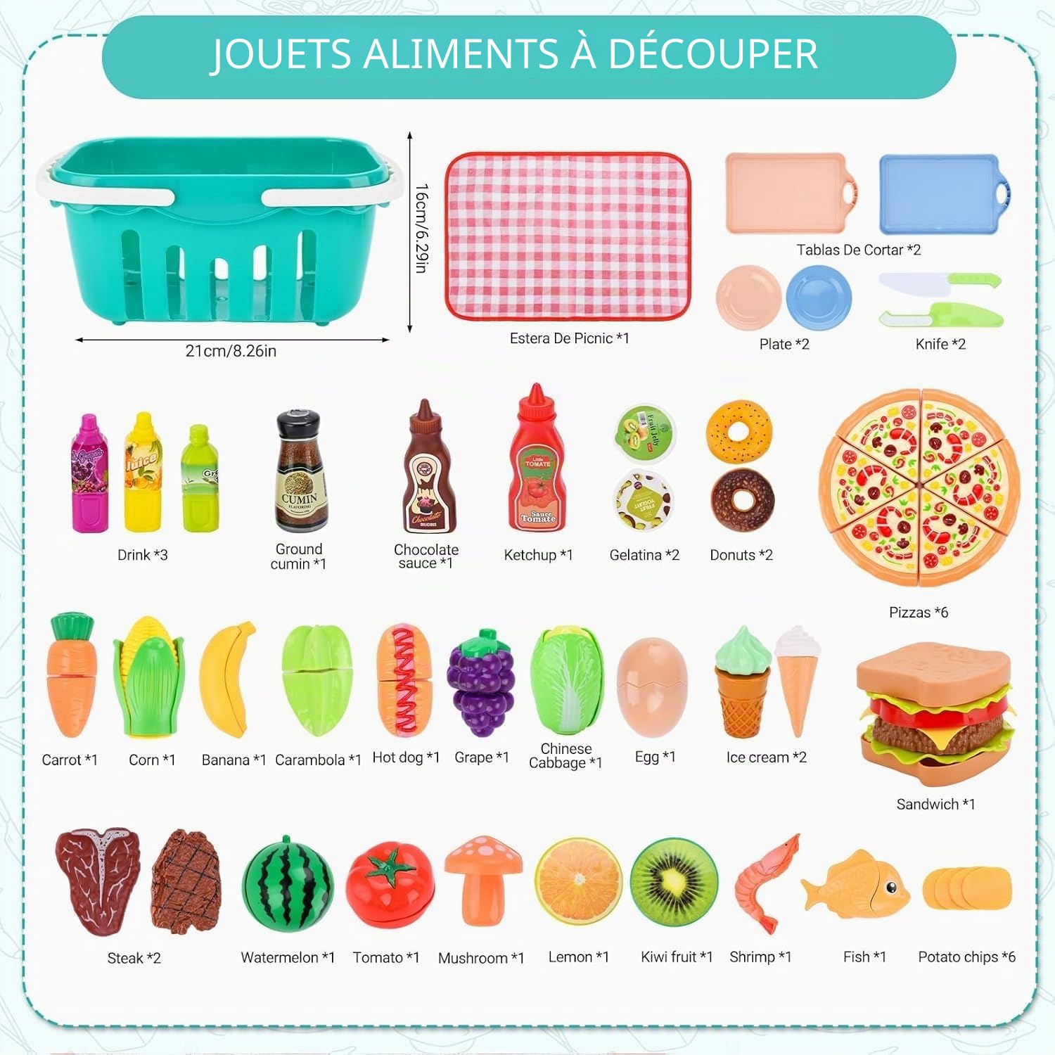 Accessoire Cuisine Enfant,85pcs Dinette Enfant Ustensile Cuisine Enfants,Cuisines Enfants Ensemble,Jeu de Role de Chef Kit Cuisines avec Panier Pique Nique,Cadeau Fille Garcon 3 4 5 6 7 Ans