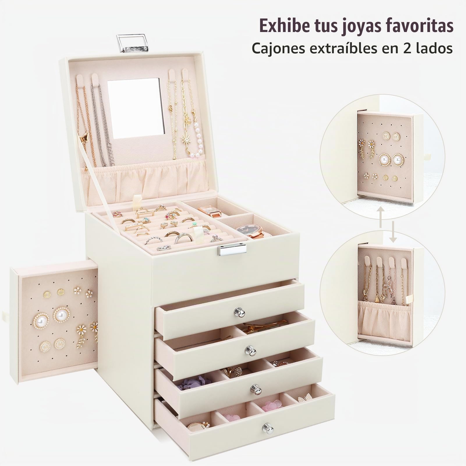 Caja Joyero con 5 Niveles de PU, Estuche para Joyería con 6 Cajones, Caja Organizador de Joyas con cajones laterales para collares, pendientes, anillos, relojes, Beige