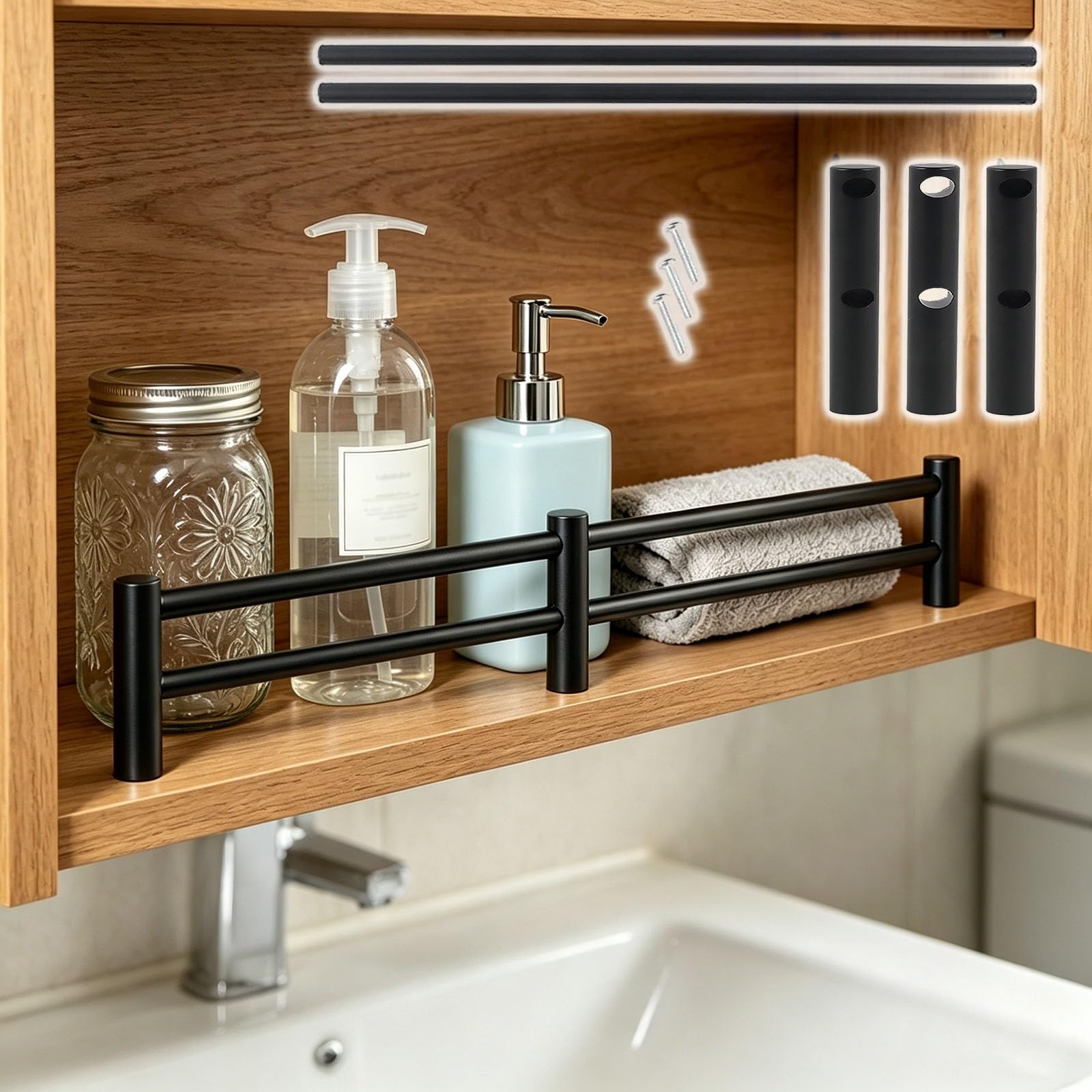 Cabinet Decorative Guardrail Bar Set, Stainless Steel Shelf Edge Protector for Store Displays, Minimalist Tipping Barrier Rod(Black,56in/142cm)