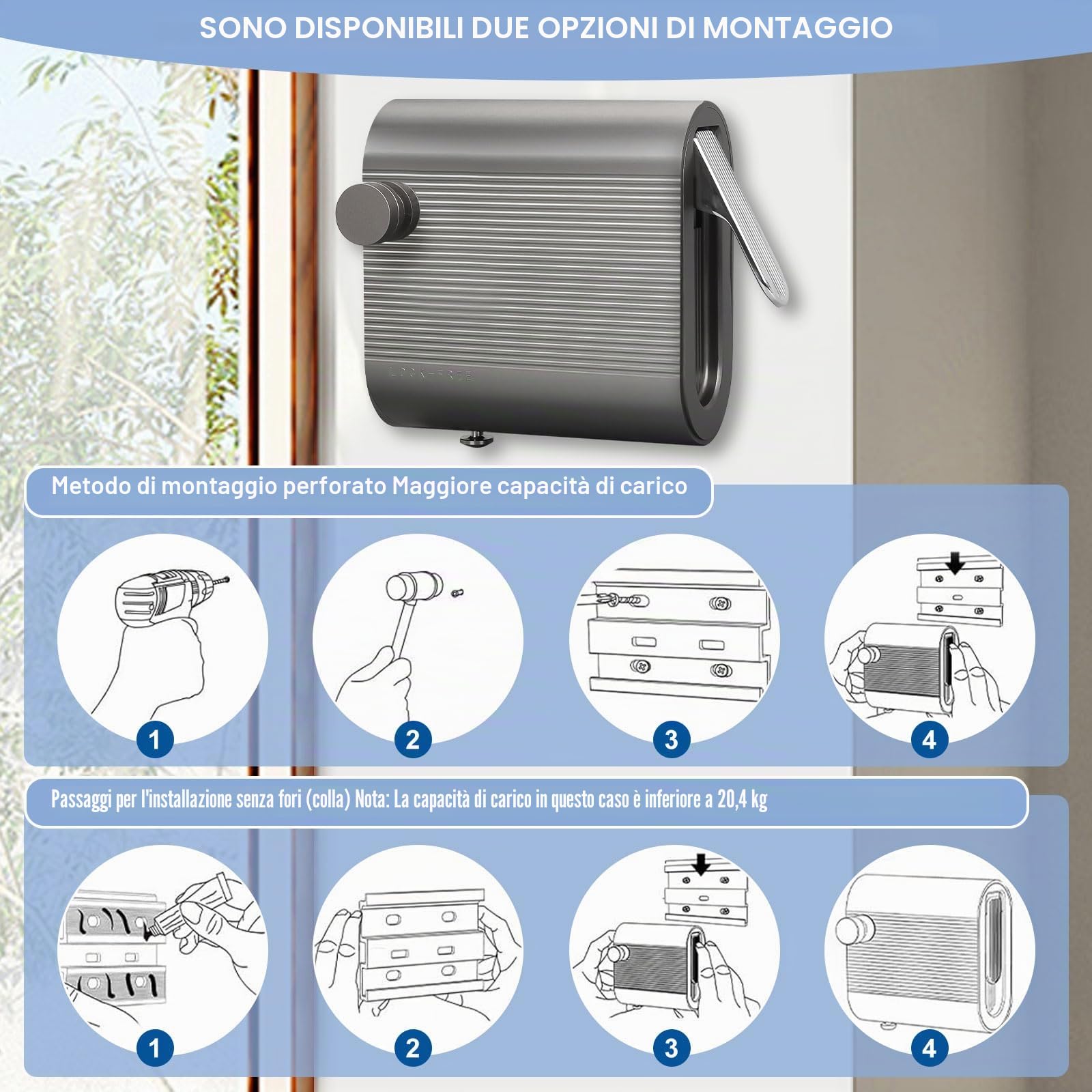 Qivine Stendibiancheria Retrattile da Parete 4,2 m, Filo in Acciaio Inox 304, Capacità fino a 20 kg, Corda Estensibile Antiafflosciamento, Doppia Installazione, Salvaspazio per Bagno, Balcone