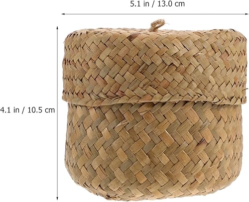 Miniatura 6 de Zerodeko Cesta de pastos marinos con tapa, cesta de flores tejida a mano con tapa, cesta de mimbre para estantes, caja de almacenamiento pequeña,