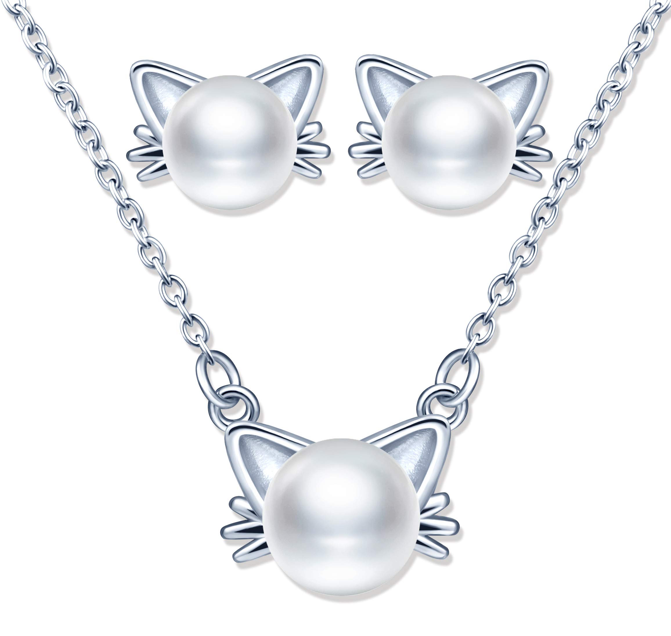 Yumilok Conjuntos de joyas de perlas, plata 925, collar de perlas de gato para mujer, lindos pendientes de perlas de gato