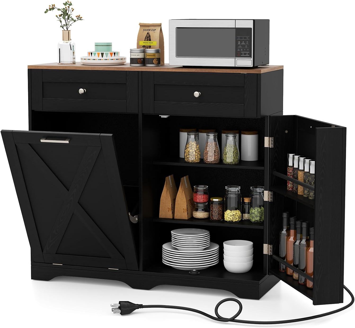 LOKO Tilt Out Trash Can Cabinet, Kitchen Island with 2 Drawers & Adjustable Shelves, Barn Door, Countertop Charge Station, Hidden Garbage Bin Cabinet for Kitchen, Laundry Room (Black & Walnut)