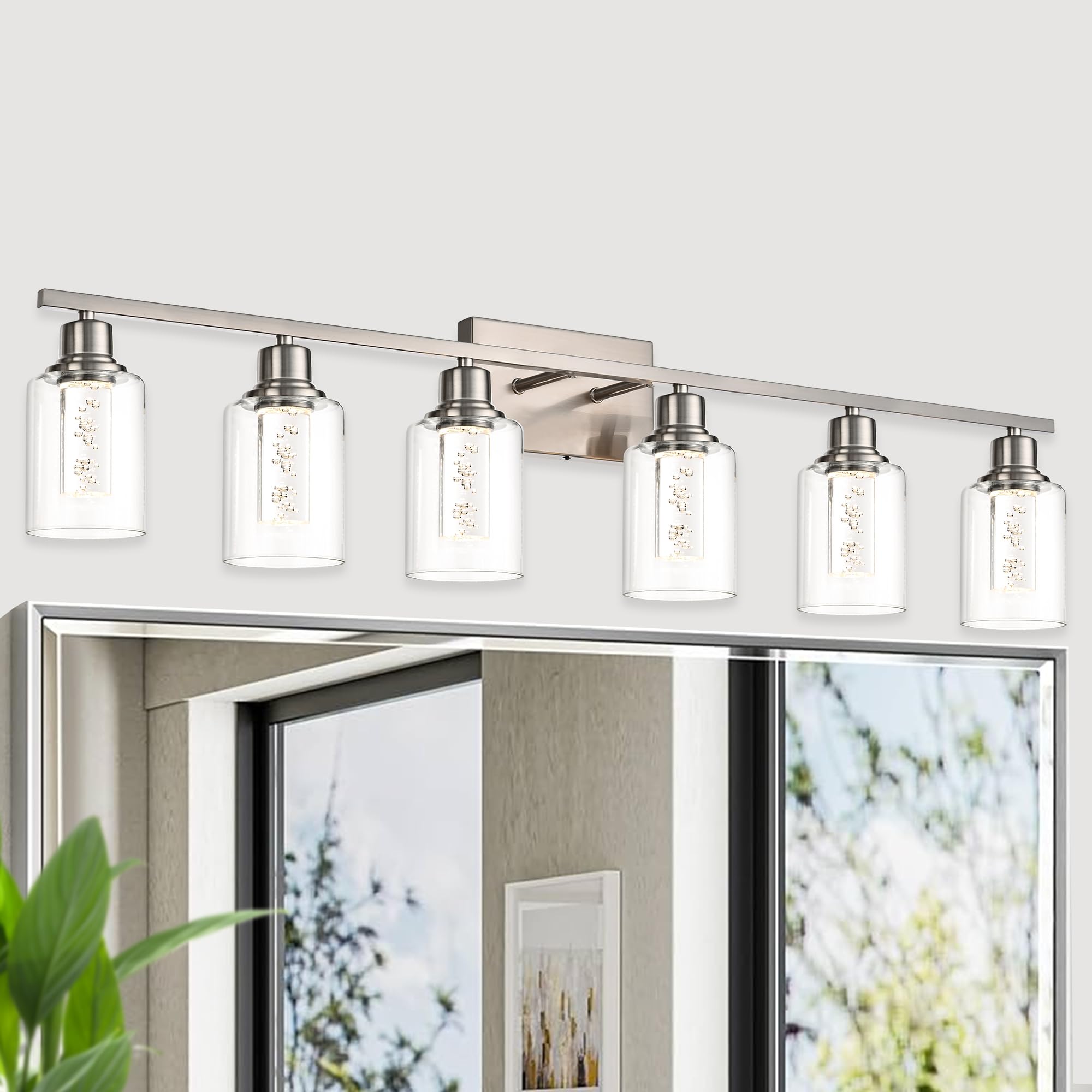 VINLUZ Brushed Nickel Bathroom Lighting Fixture, 6-Light LED Vanity Light Over Mirror Indoor Wall Sconces with Crystal Bubble and Clear Glass Shade Dimmable(LED Bulbs Included)