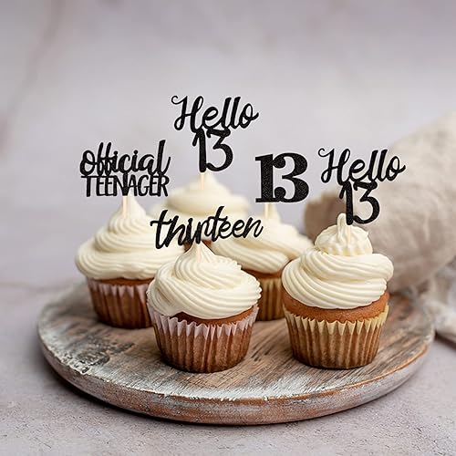 Miniatura 5 de 24 piezas de decoraciones oficiales para cupcakes de cumpleaños número 13 Hello 13 Thirteen Cupcake Picks 13th Birthday Cake Decor Supplies Black