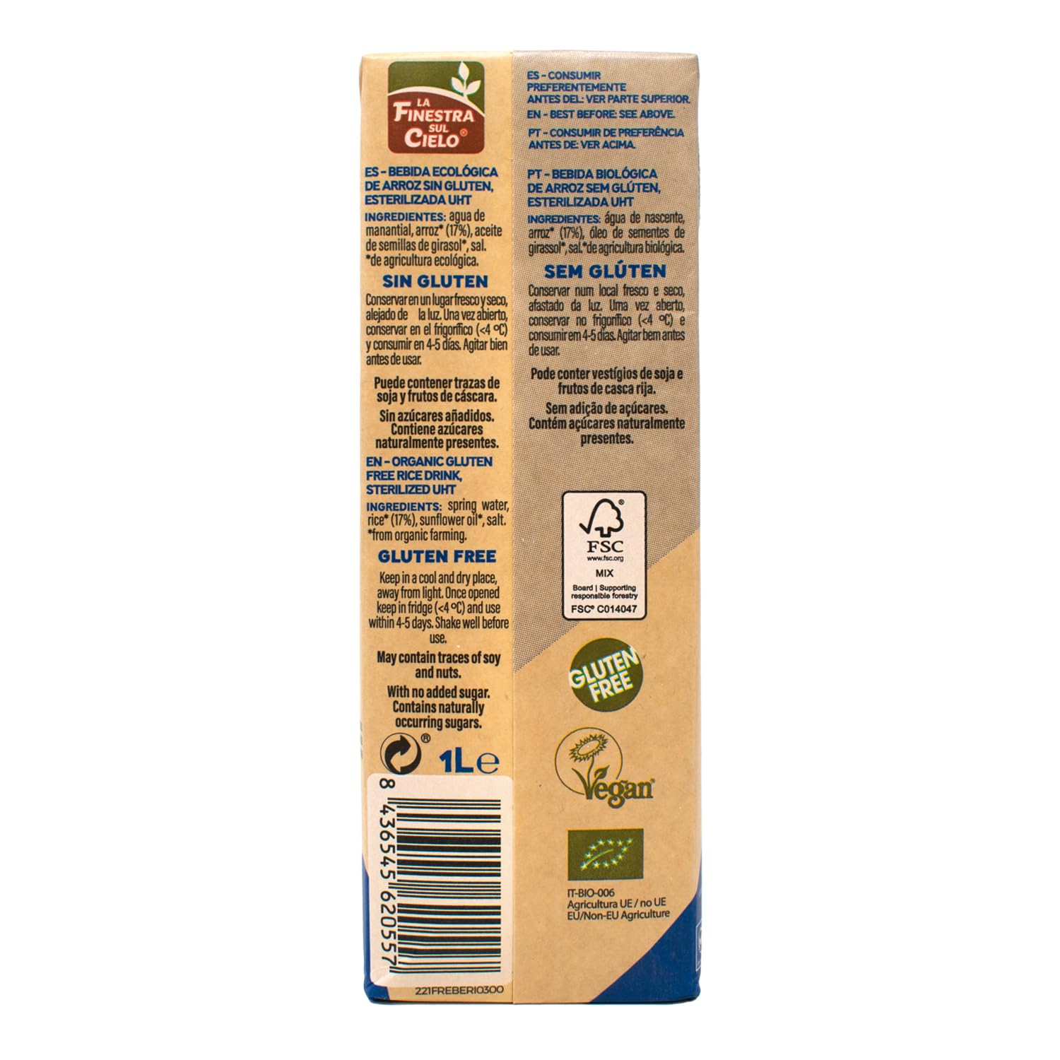 Bebida de arroz BIO gluten free La Finestra sul cielo 1l