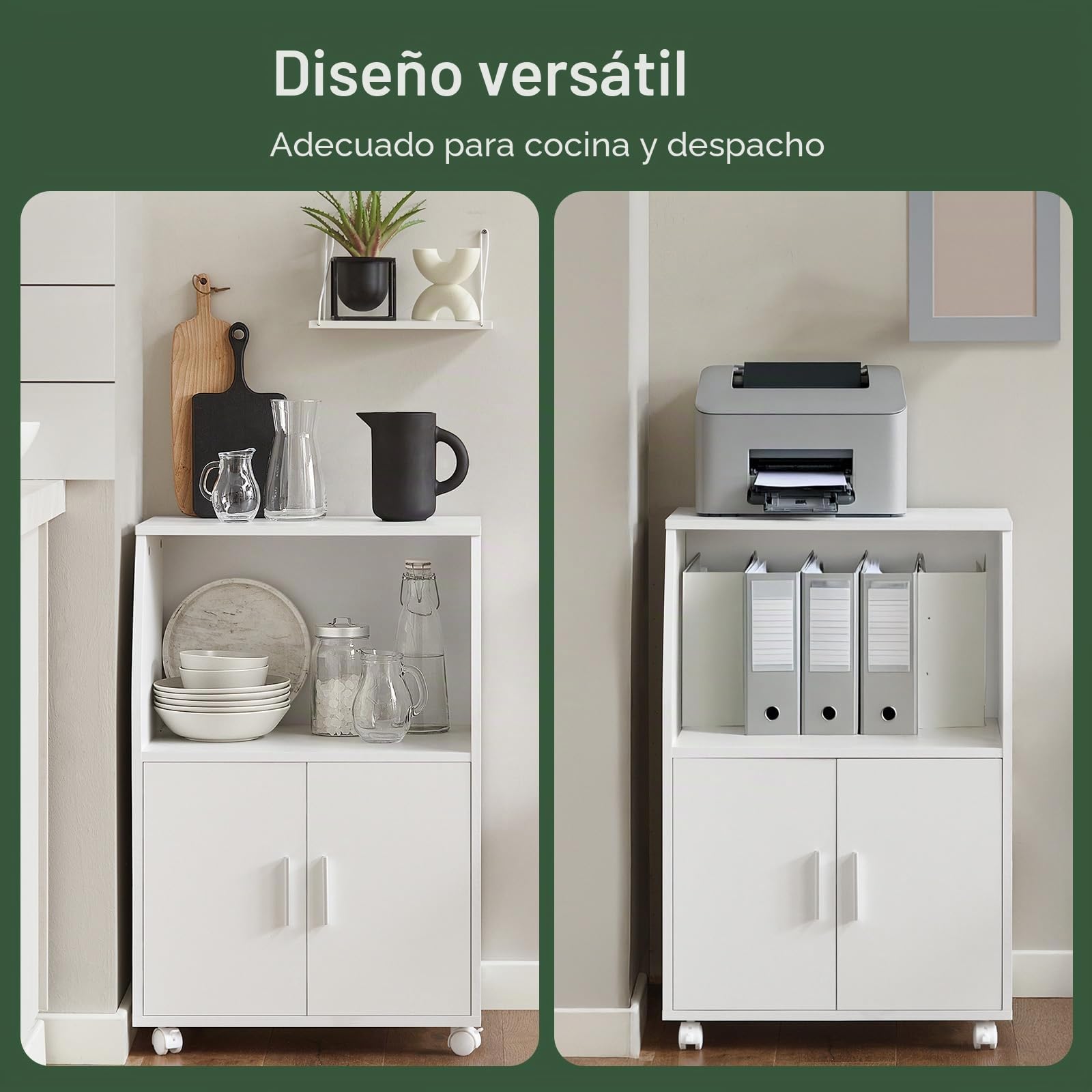 SoBuy Carrito Cocina Blanco con Ruedas – Mueble Auxiliar con Puertas y Estante Ajustable – Carro de Cocina Compacto para Almacenaje en Oficina o Comedor, 92x59x40cm FRG241-W