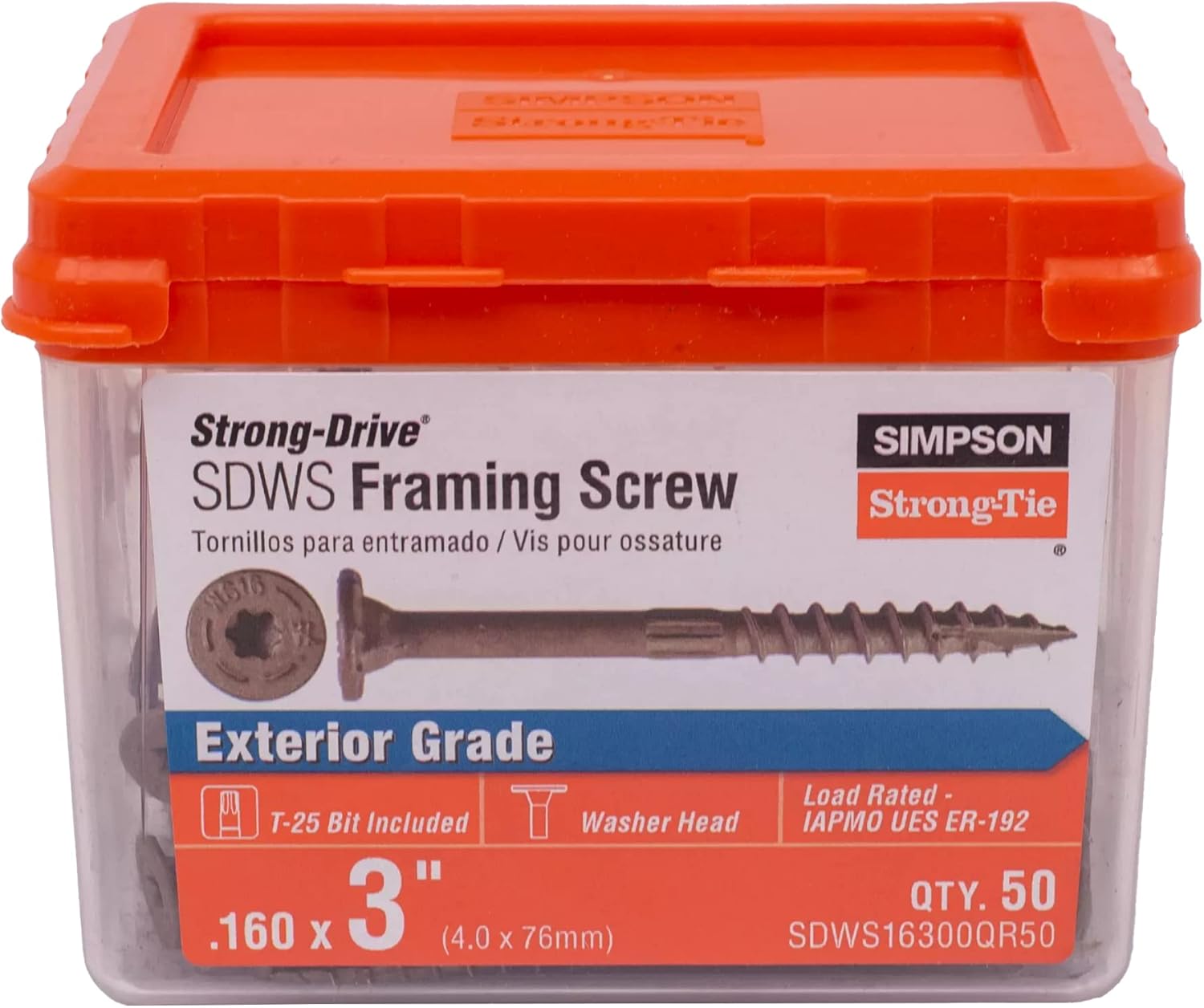 Simpson Strong-Tie SDWS16300QR50 Strong-Drive SDWS FRAMING Screw — 0.160 in. x 3 in. T25, Quik Guard, Tan (50-Qty)