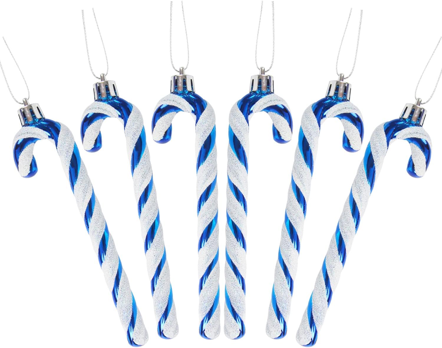 6 PCS Christmas Glitter Candy Cane Plastic Candy Cane Christmas Tree Decorations for Xmas New Year Party Supplies (Blue&White)