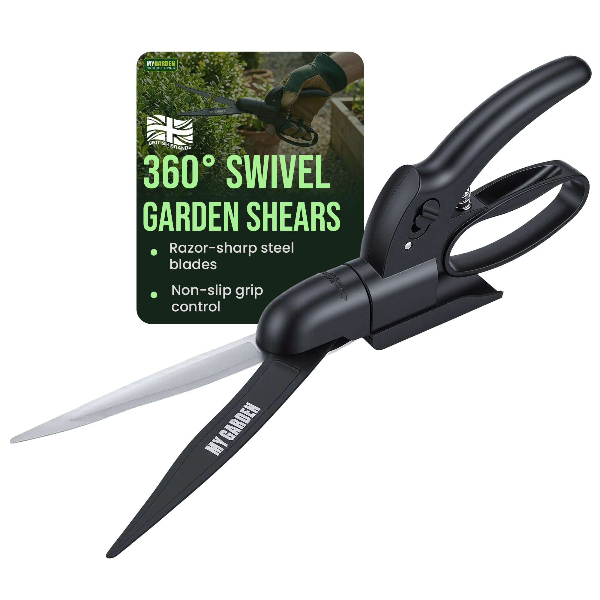 My Garden Shear One Handed Grass Shear 360° Swivel Action - Lawn Shears with Razor Sharp Steel Blades 2mm Thickness & Ergonomic Non-Slip Handle - Hand Held Garden Trimmer for Precise Grass Cutting