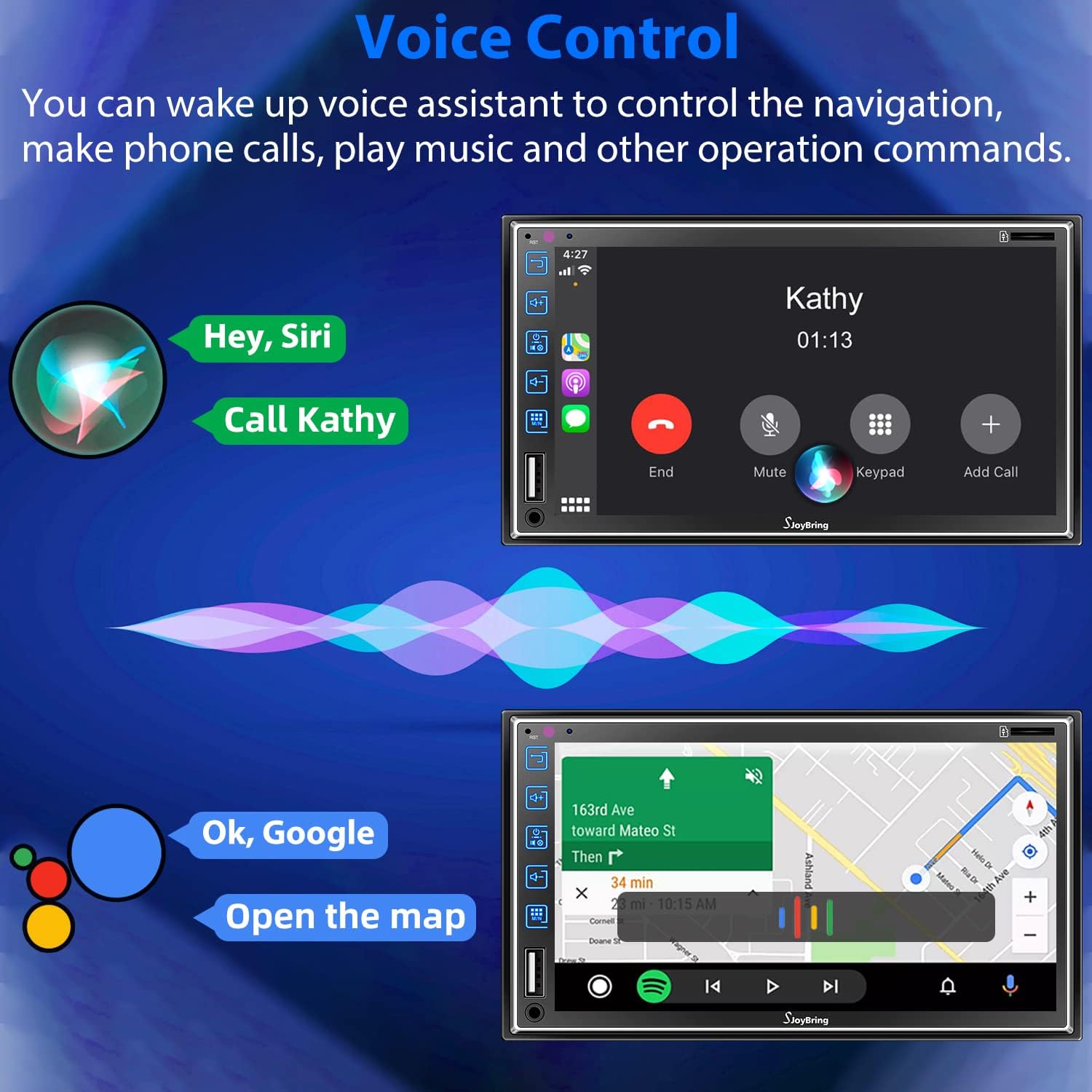 Double Din Car Stereo with Voice Control Carplay, Android Auto, Bluetooth, 7 Inch Full HD Touchscreen Car Radio with Mirror Link, Subwoofer, Steering Wheel Control, Rear View Camera, FM/AM