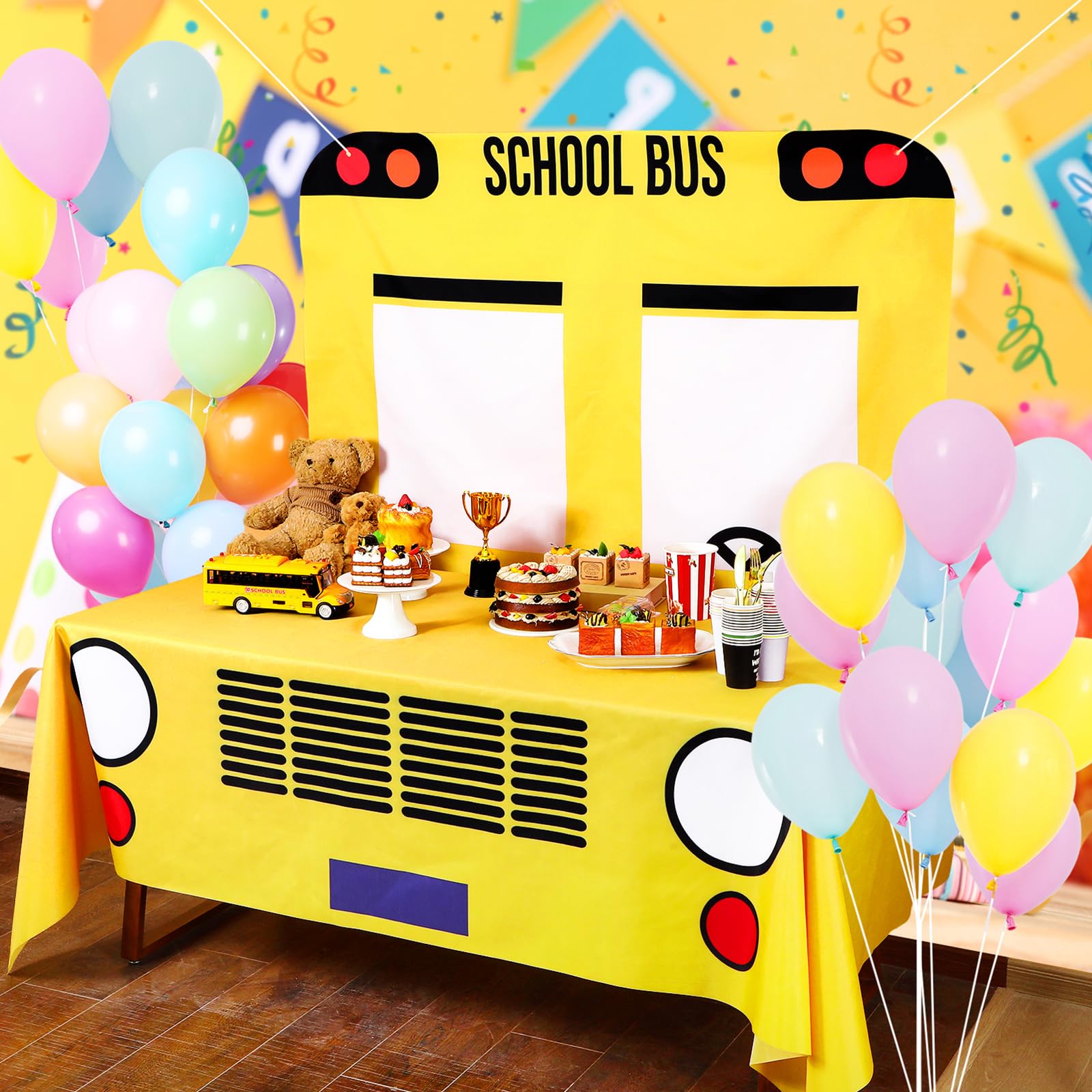 Oudain 2 Pcs School Bus Party Decorations First Day of School Banner and Tablecloth Yellow Bus Tablecover and Backdrop for Boys Girls English Teacher