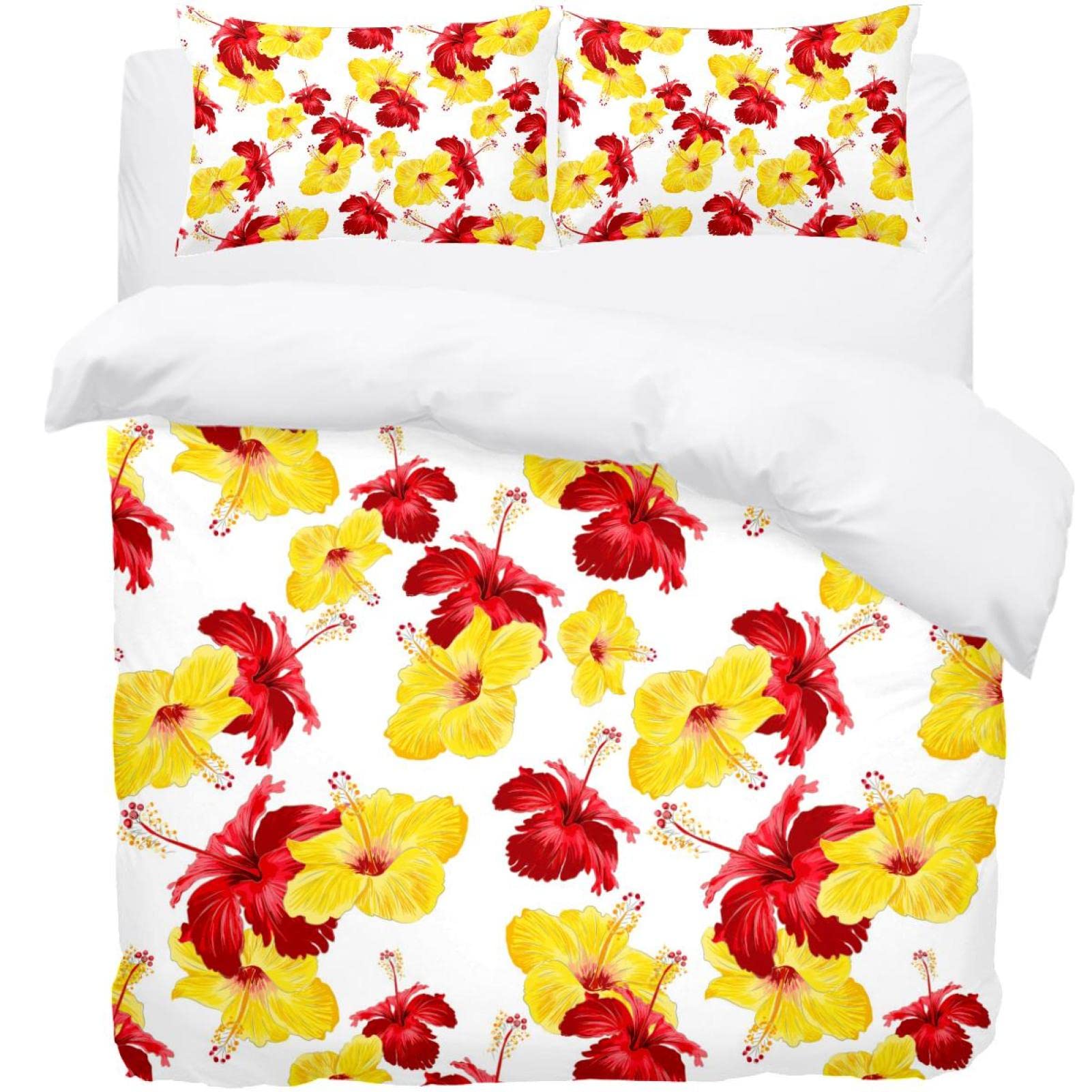 Parure de lit motif floral jaune et rouge avec housse et taies